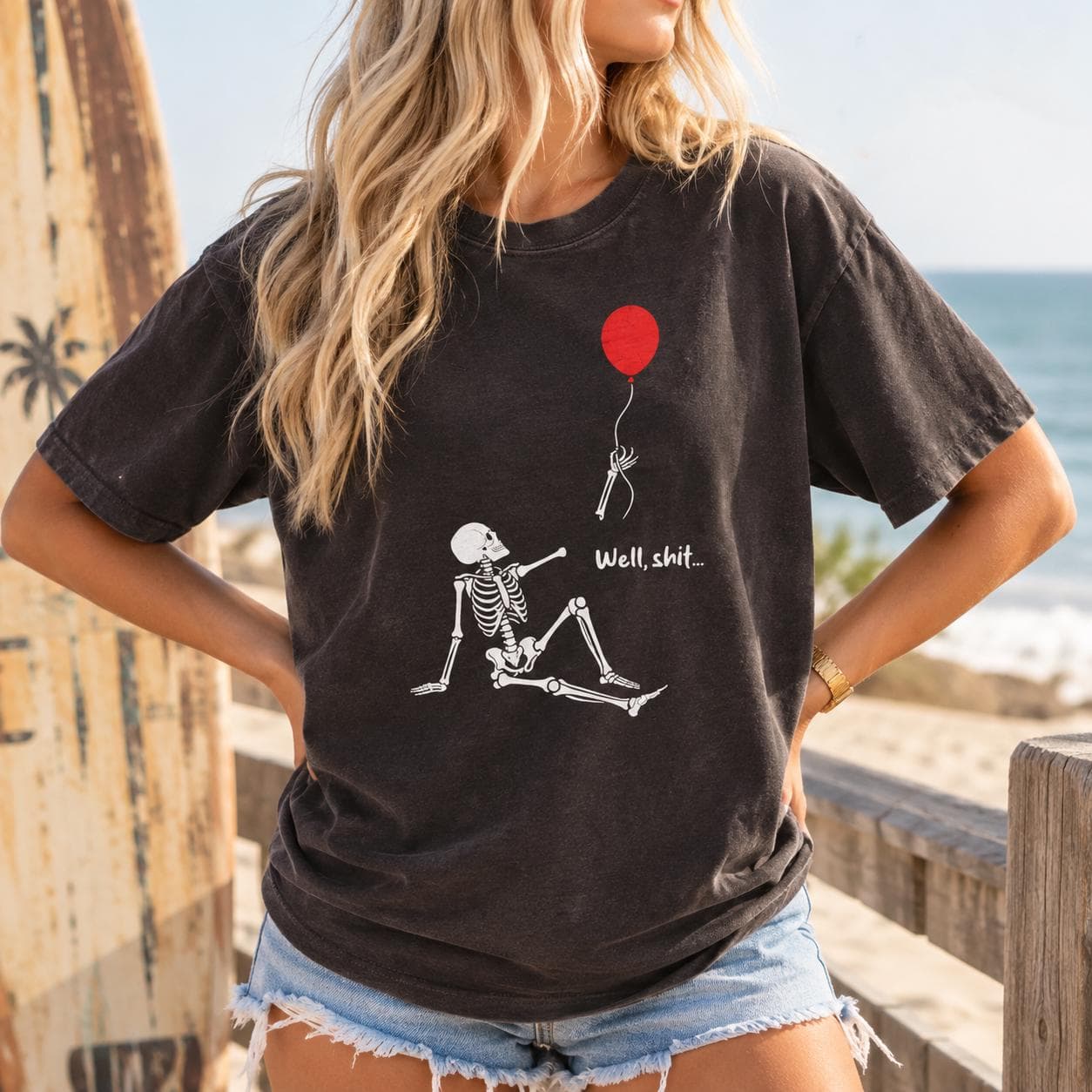 Funny Skeleton Red Balloon Tee | Sarcastic Halloween Shirt (Cotton Crew)