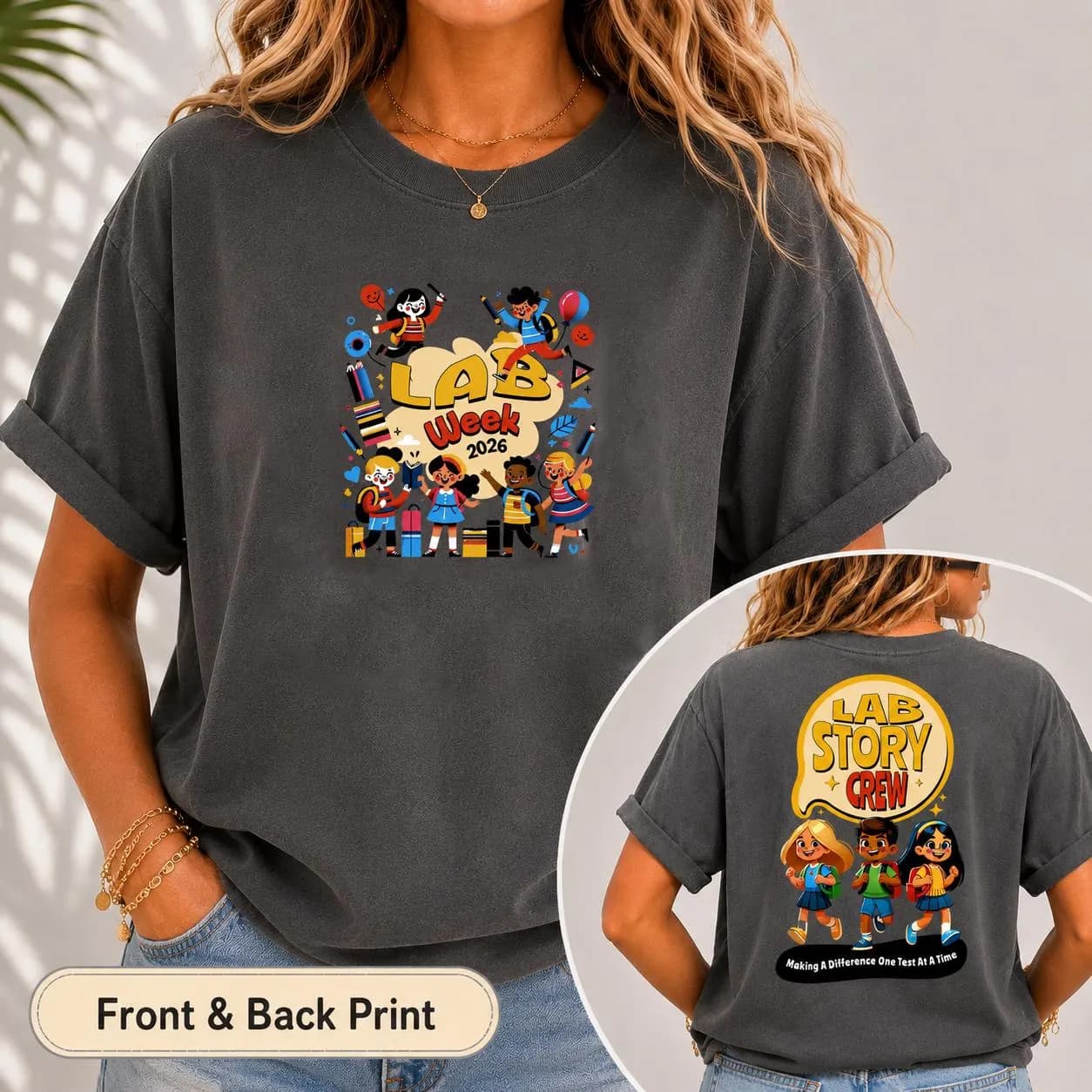 Lab Story Crew T-shirt | Cartoon Kids Characters, Playful Badge