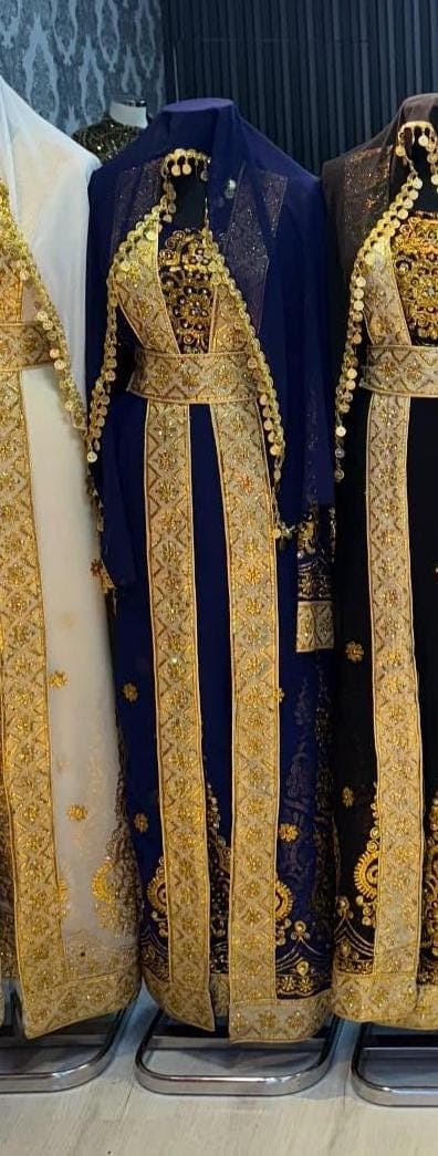 Dark Blue Kurdish Kaftan Traditional Dress Abaya, Full Set with Belt & Shawl, One Size Kras Fistan Newroz Wedding Outfit - image 5