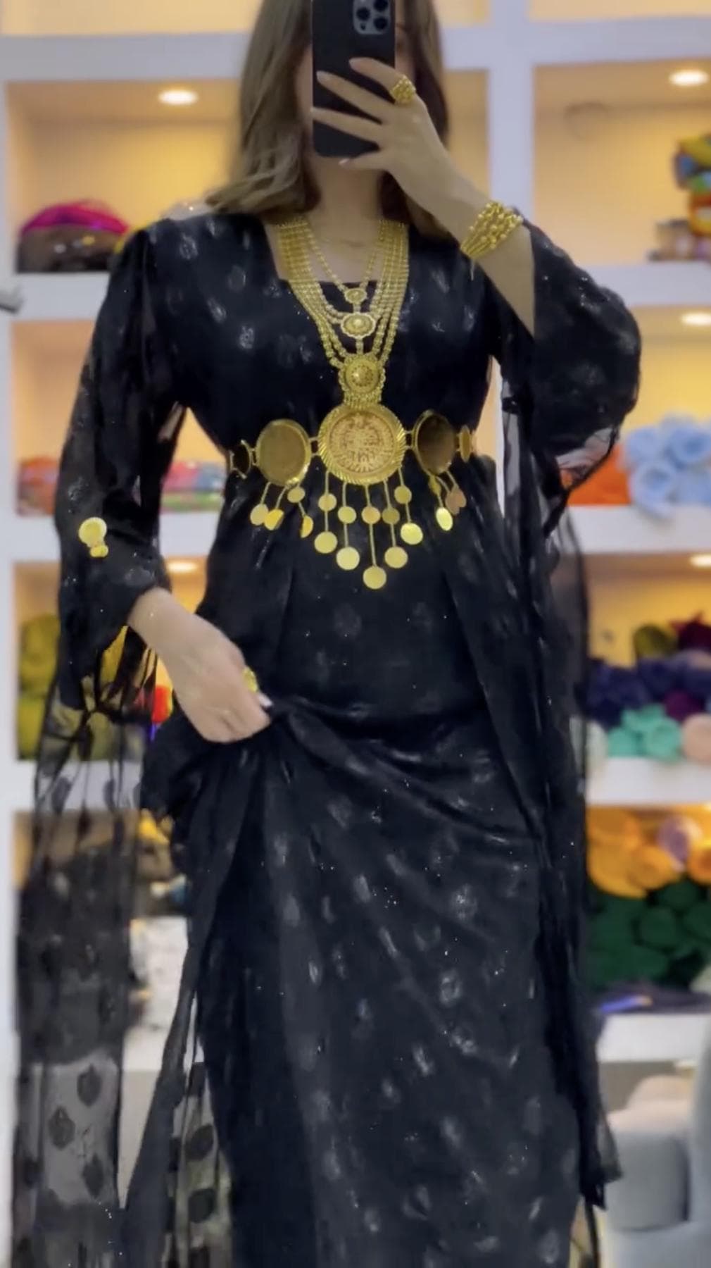 Kurdish Traditional Black Abaya Kaftan – Shimmer Pattern Long Dress – Fistan for Wedding & Newroz - image 3