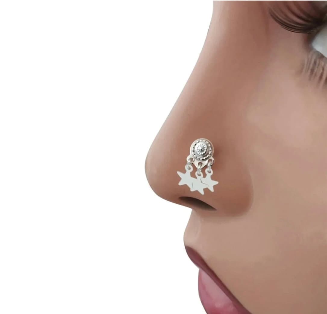 Kurdish Nose Stud ,Nose Piercing, Nose Ring, Mardin Filigree Embroidered Three Pendant Star Model White Color Mardin Knitting
