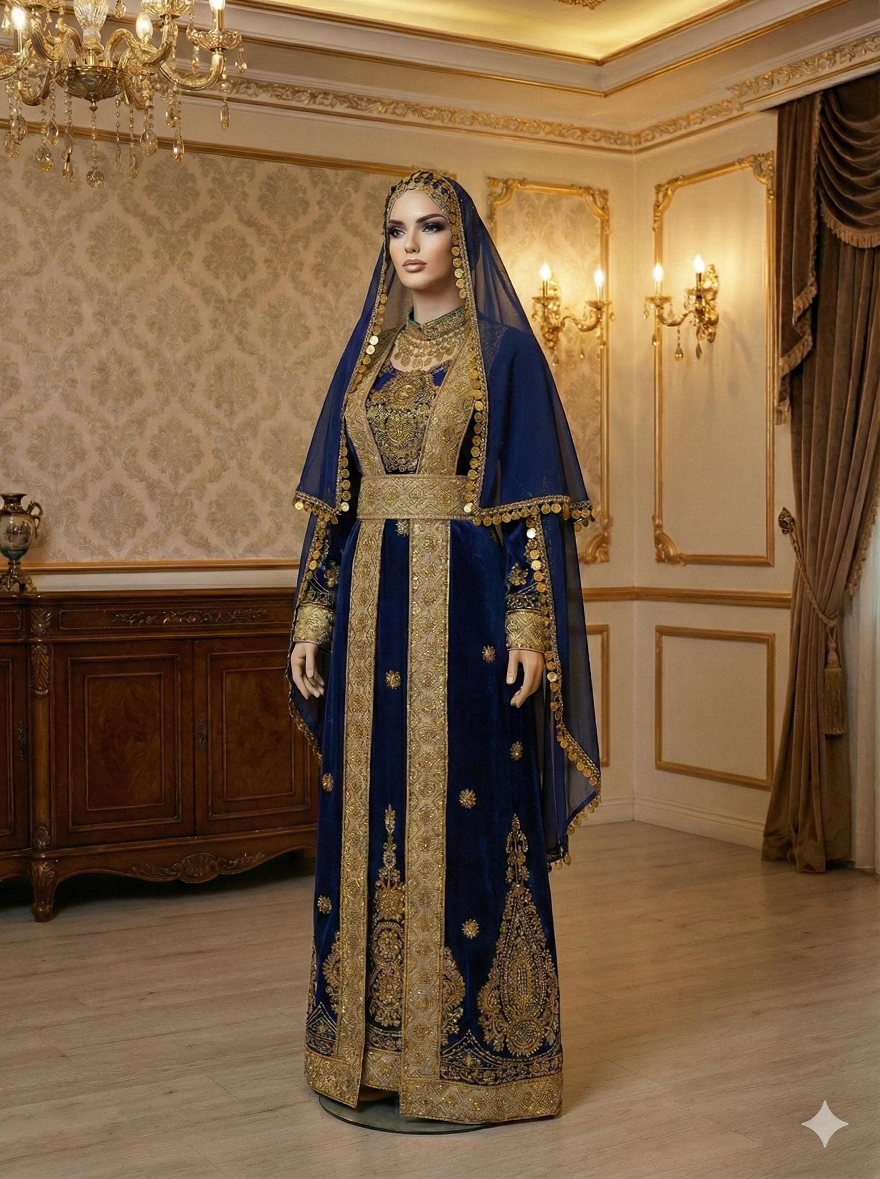 Dark Blue Kurdish Kaftan Traditional Dress Abaya, Full Set with Belt & Shawl, One Size Kras Fistan Newroz Wedding Outfit