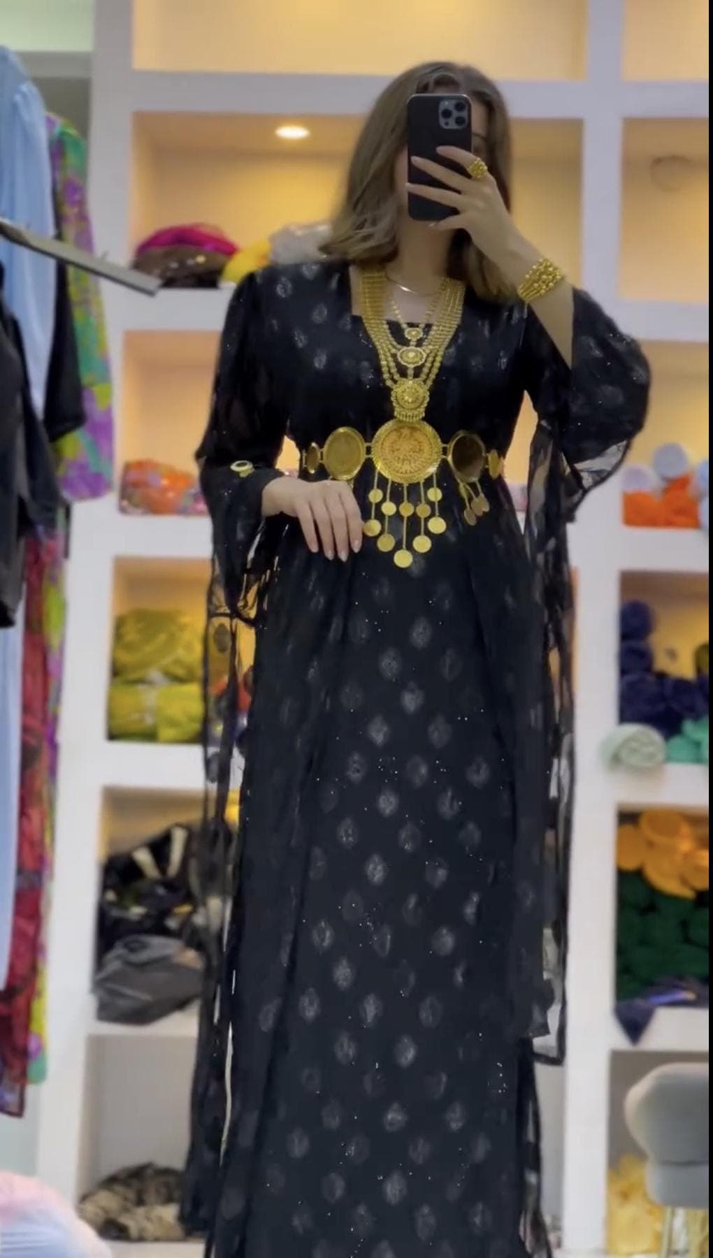 Kurdish Traditional Black Abaya Kaftan – Shimmer Pattern Long Dress – Fistan for Wedding & Newroz - image 5