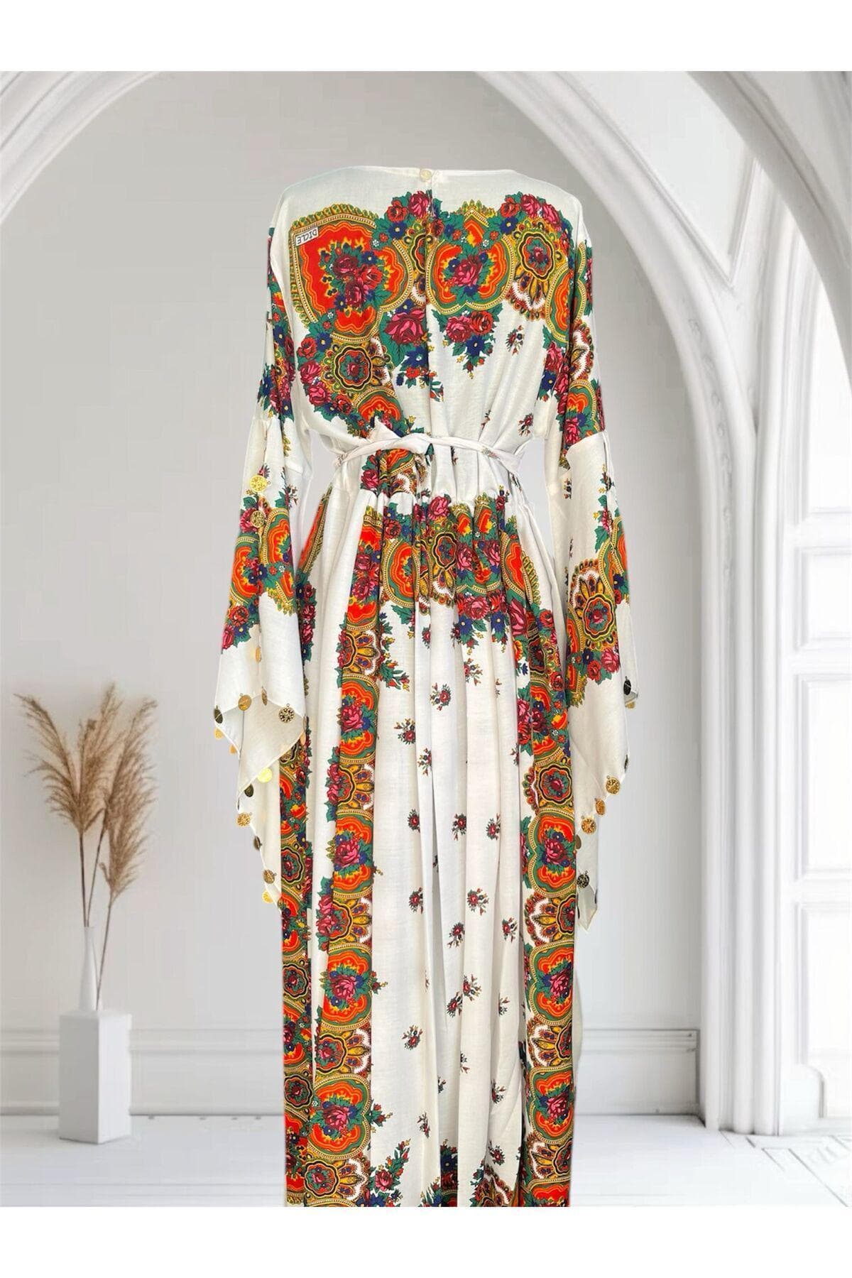 Kurdish Hamavi Traditional White Kaftan Dress with Floral Patterns, Kras Fistan Abaya for Newroz, Wedding & Special Occasions – One Size - image 4