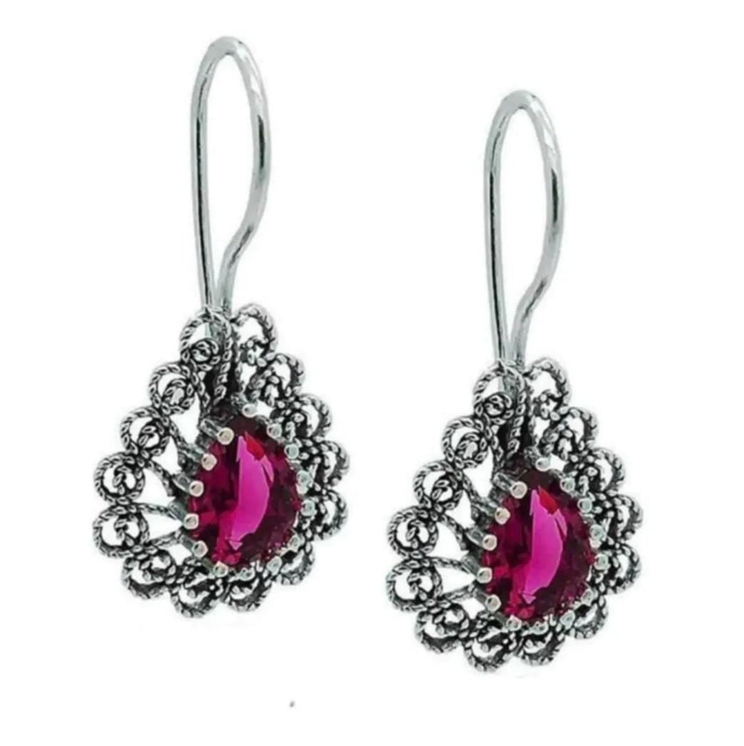 925 Sterling Silver Drop Earrings with Sapphire Stones Kurdish Assyrian Mardin Midyat