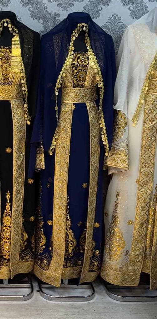 Dark Blue Kurdish Kaftan Traditional Dress Abaya, Full Set with Belt & Shawl, One Size Kras Fistan Newroz Wedding Outfit - image 4