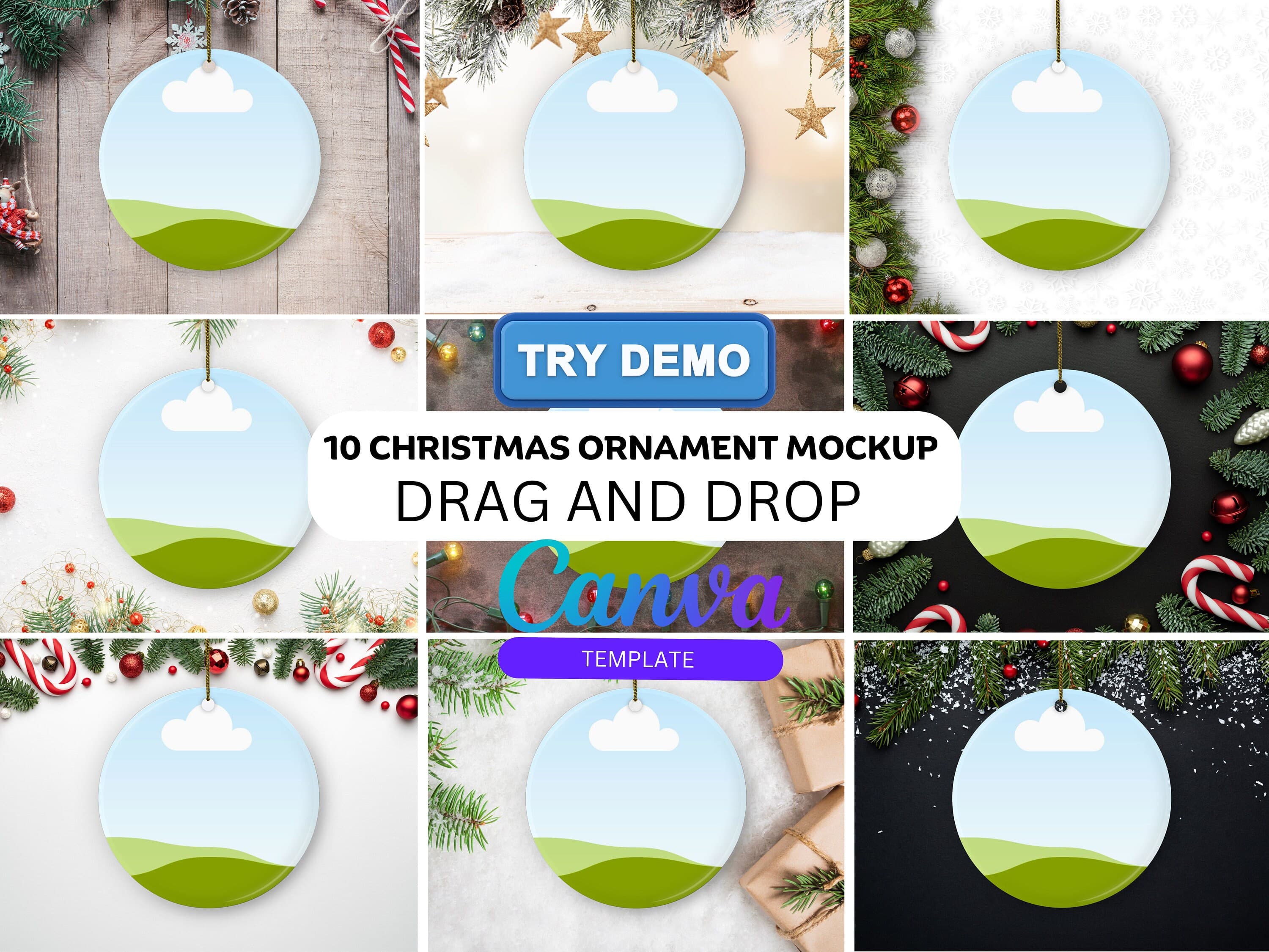10 Christmas Ornament Mockup Bundle,Christmas Ornament Mockup For Canva, Ornament Drag and Drop Mockup,Blank Xmas Ornament Mockups,Digital