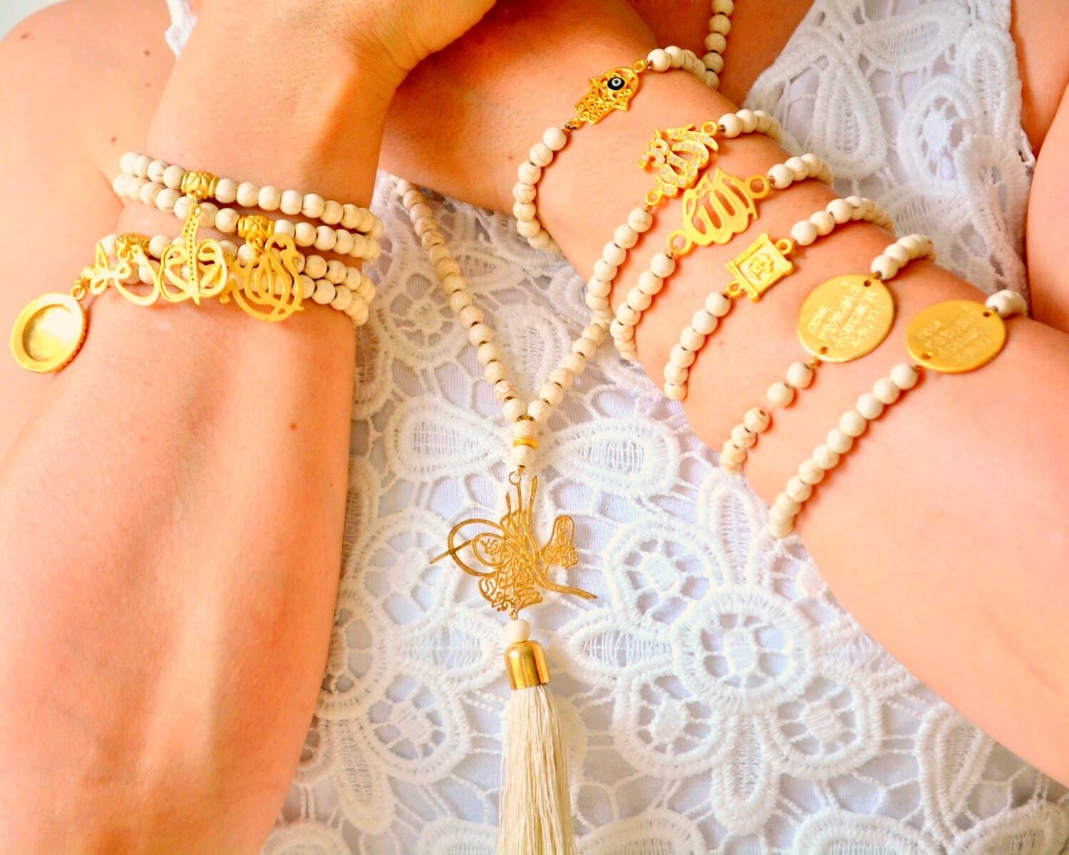 Beige Allah Yellow Muslim Bangle, Ivory Islamic Jewelry, Arabic Holy Words, Waw Letter Bracelet, Golden Ayatul Kursi - image 5