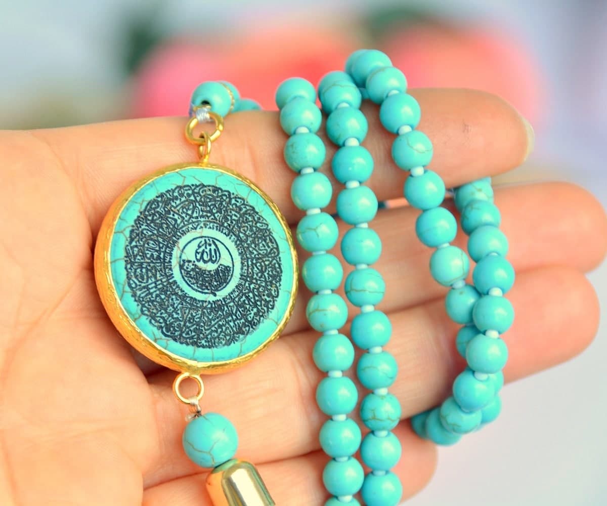 Ayat al Kursi Calligraphy Rosary, Blue Turquoise Gemstone Tasbeeh Necklace - image 5