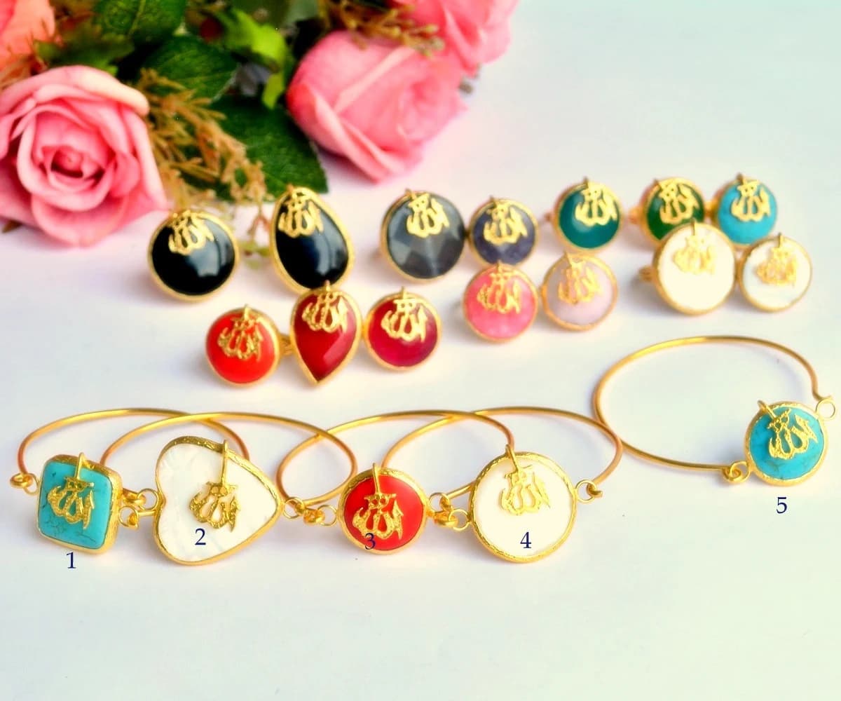 Blue TURQUOISE Gemstone Wire BANGLE, Red Quartz White Golden Bracelet, Ivory Allah Wristlet - image 5