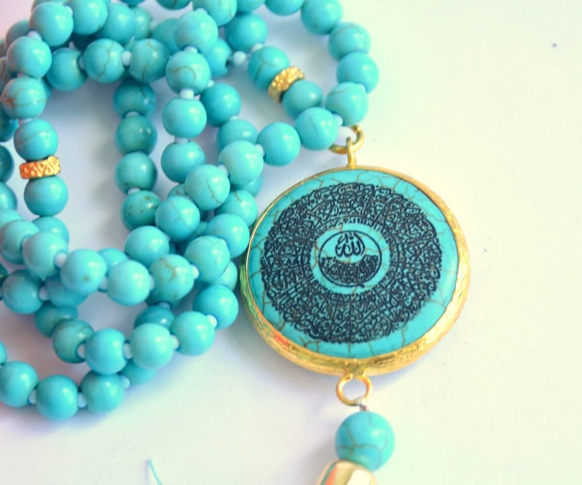 Ayat al Kursi Calligraphy Rosary, Blue Turquoise Gemstone Tasbeeh Necklace - image 3