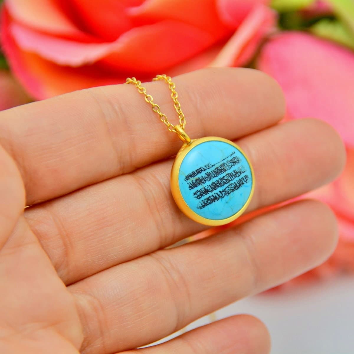 Al Qalam Verse Turquoise Gemstone Necklace, 18k Gold Filled Protection Jewelry - image 5