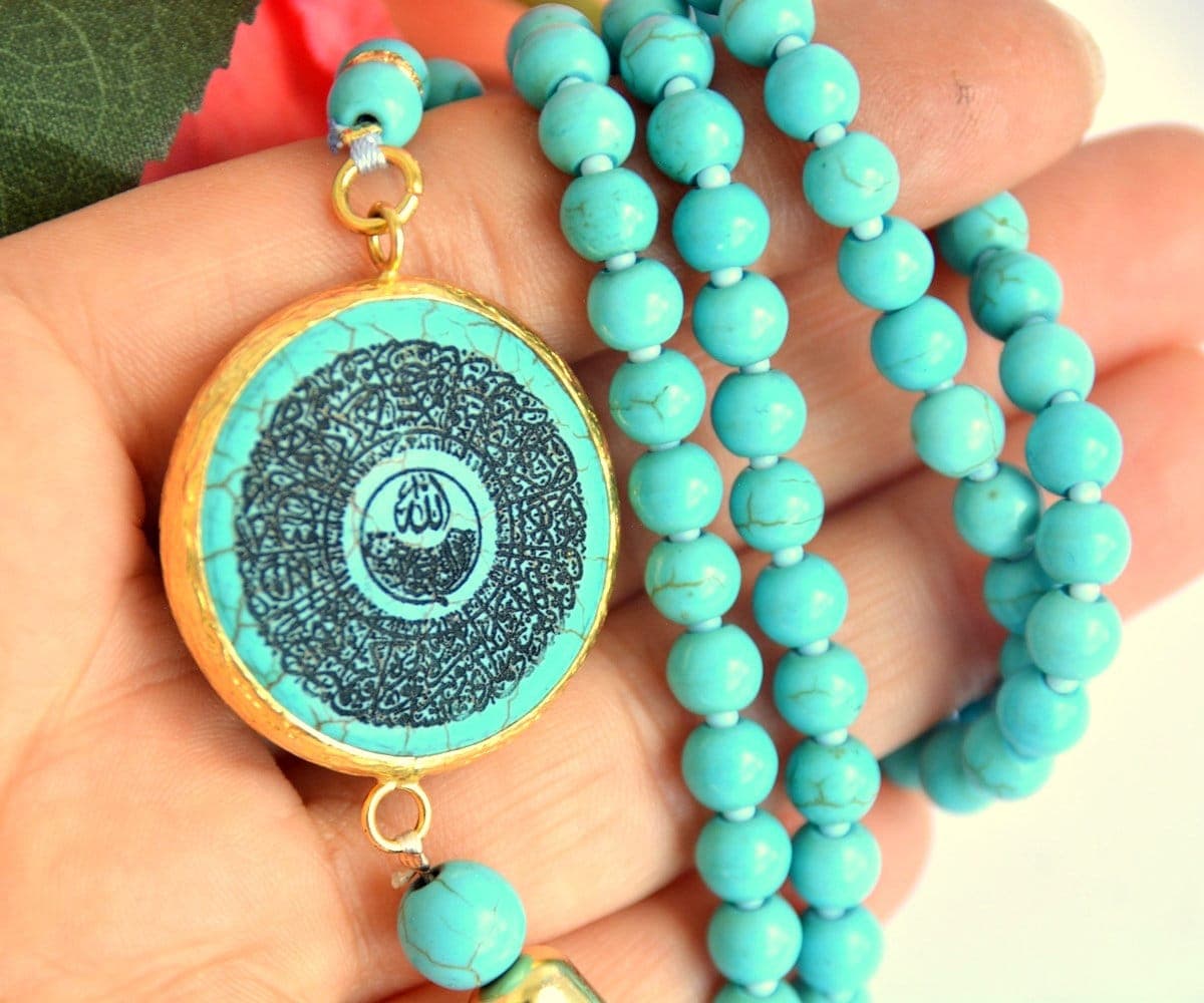Ayat al Kursi Calligraphy Rosary, Blue Turquoise Gemstone Tasbeeh Necklace