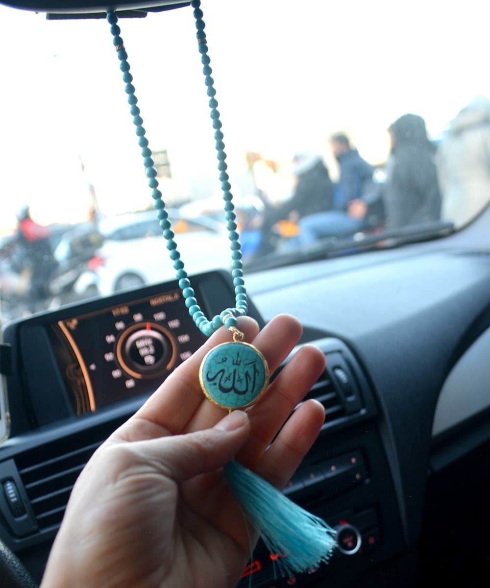 Islamic Protection Tasbeeh, Blue Turquoise Gemstone Beads, Arabic Calligraphy Pendant - image 4