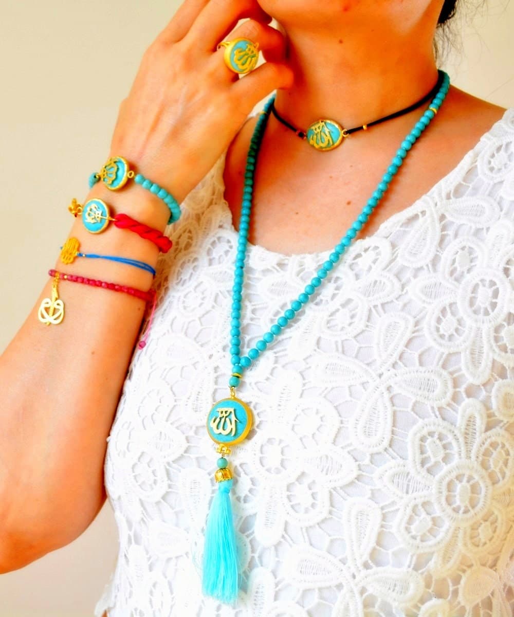 Islamic Protection Tasbeeh, Blue Turquoise Gemstone Beads, Arabic Calligraphy Pendant - image 5