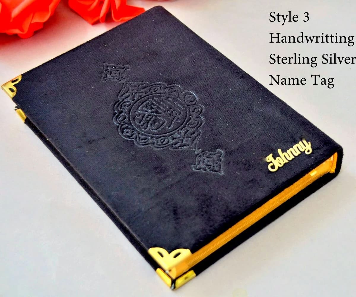 Mini XSmall sizes arabic QURAN book and custom name handmade wooden bookmark. 
Personalized silver handmade named Small Quran pray book. 
Size 1: Small Size Book: 2.5*8.8*12 cm ( 0.9*3,2 * 4.6 inch)
Bronze Beige color. 
Page: 600
Script: Madina script

In accordance with the arrangement of the Mushaf-ı Sherif which was written in the calligraphy of Hafiz Osman, the Ayet-Barkenar was prepared as a person from Kasr from Medd.

Material:
Light Pink faux leather cover  Quran,
Wooden custom Bookmark,