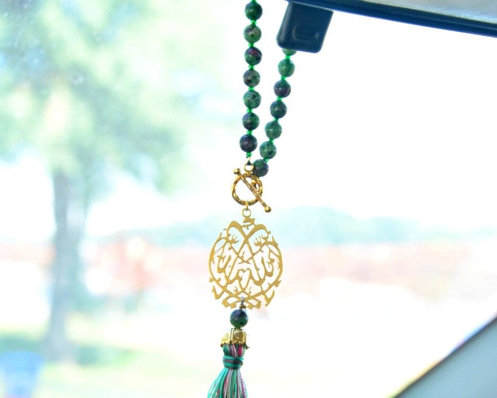 Green Muslim CAR Rear mirror HANGER, Arabic Allah Interior Decoration, Islam Green Gemstone Tasbeh - image 4