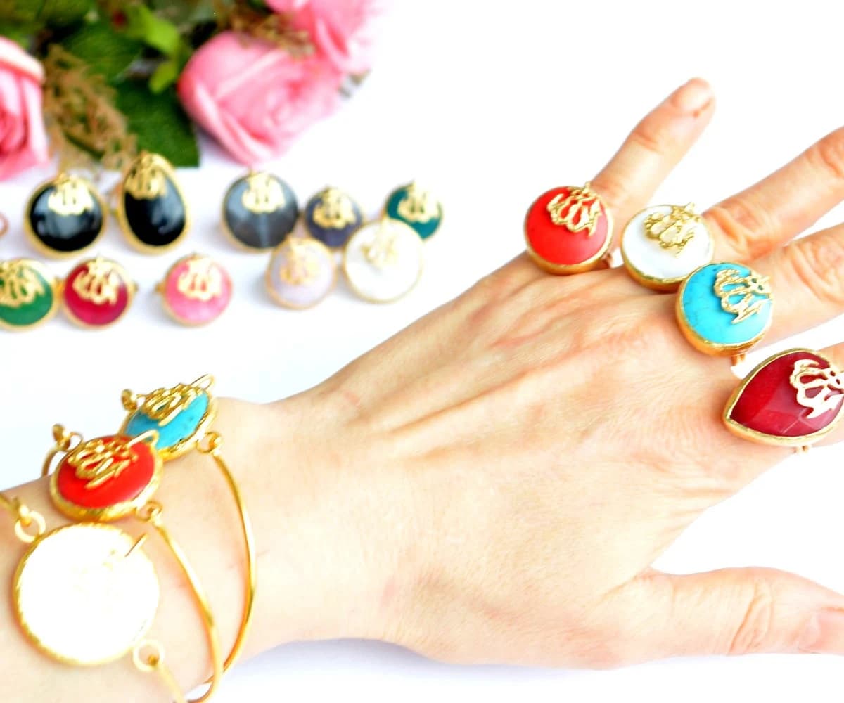 Blue TURQUOISE Gemstone Wire BANGLE, Red Quartz  White Golden Bracelet, Ivory Allah Wristlet
