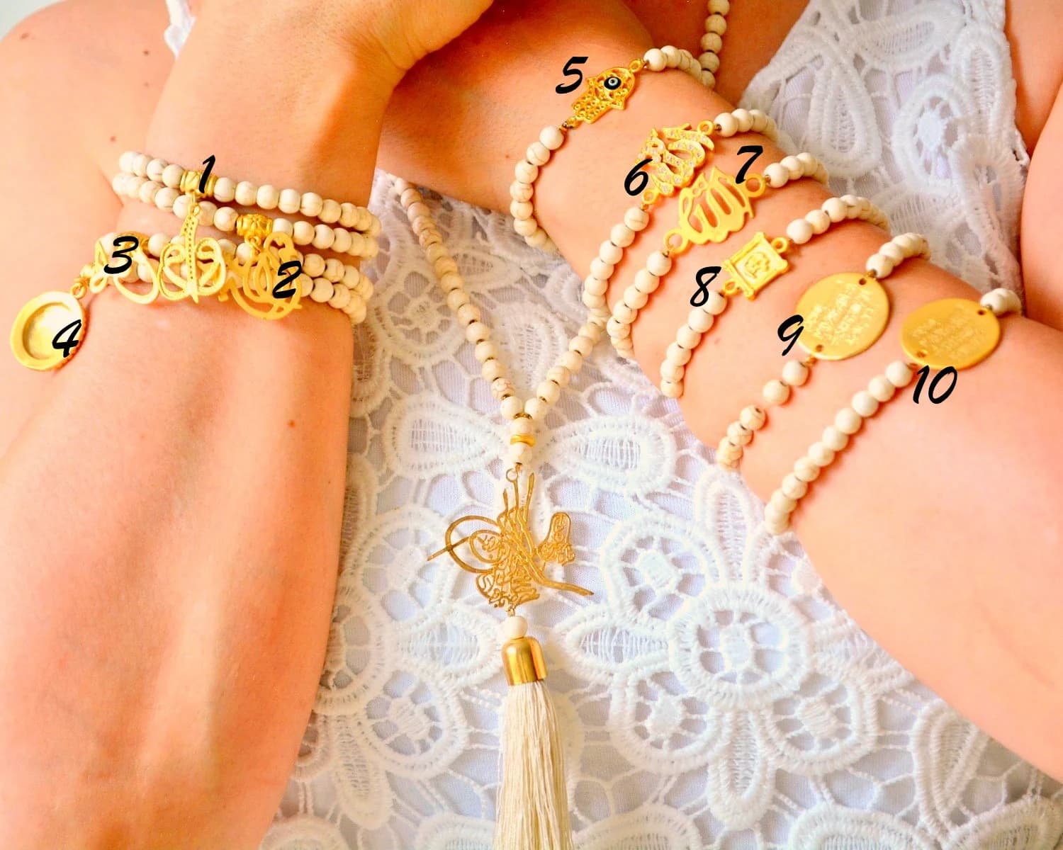 Beige Allah Yellow Muslim Bangle, Ivory Islamic Jewelry, Arabic Holy Words, Waw Letter Bracelet, Golden Ayatul Kursi - image 3
