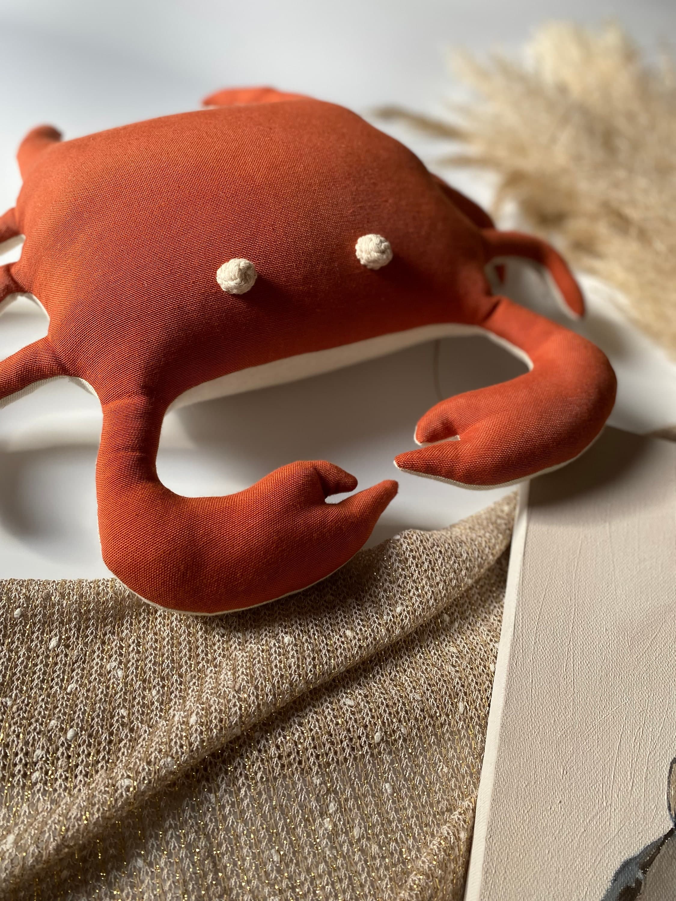 Handmade Linen Red Crab Pillow - Nautical Nursery Decor - image 3
