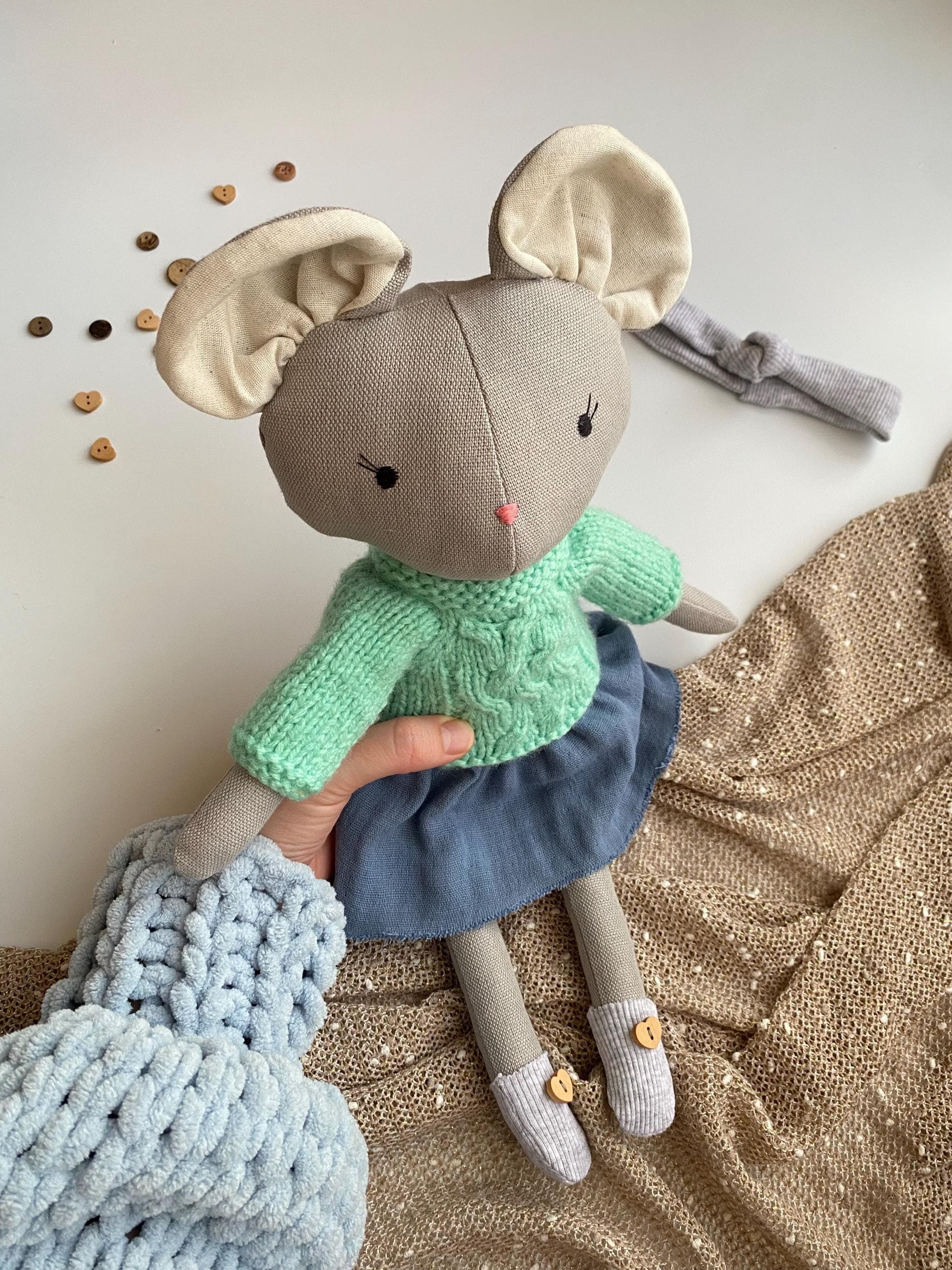 Linen Mouse Rag Doll with Knitted Sweater, Handmade Heirloom Toy - image 3