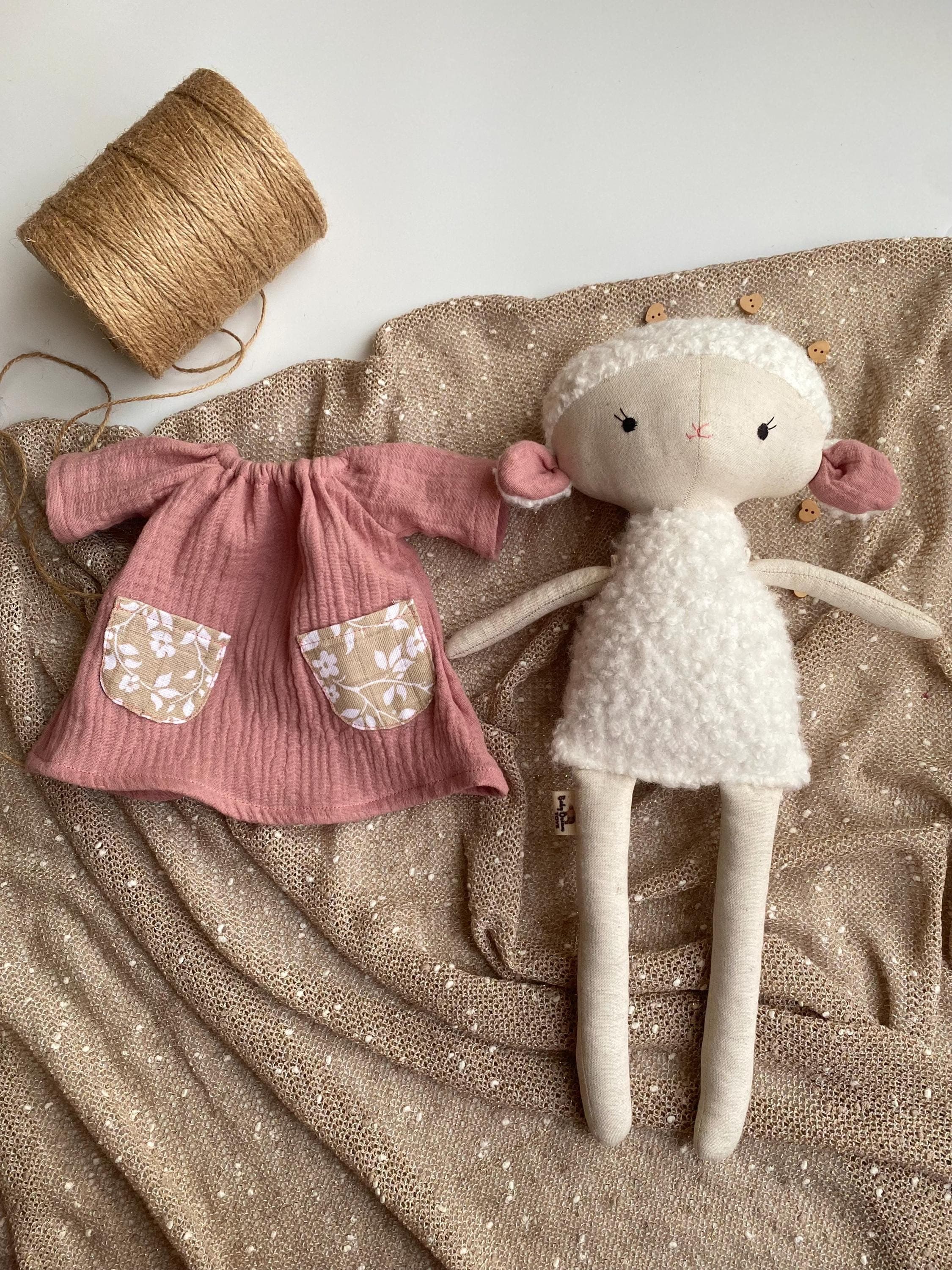 Linen Lamb Rag Doll in Pink Dress, Handmade Heirloom Toy - image 5