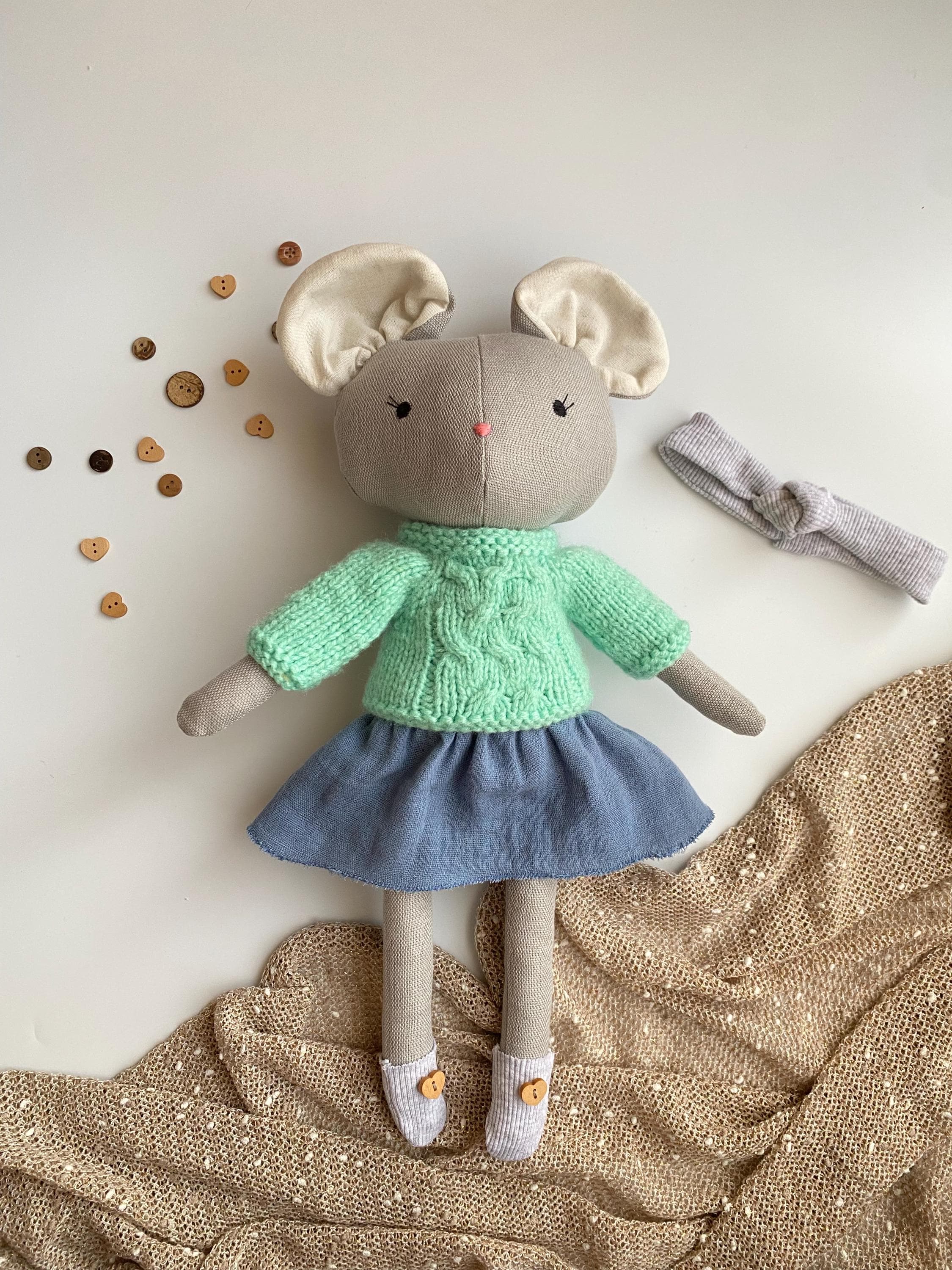 Linen Mouse Rag Doll with Knitted Sweater, Handmade Heirloom Toy - image 4