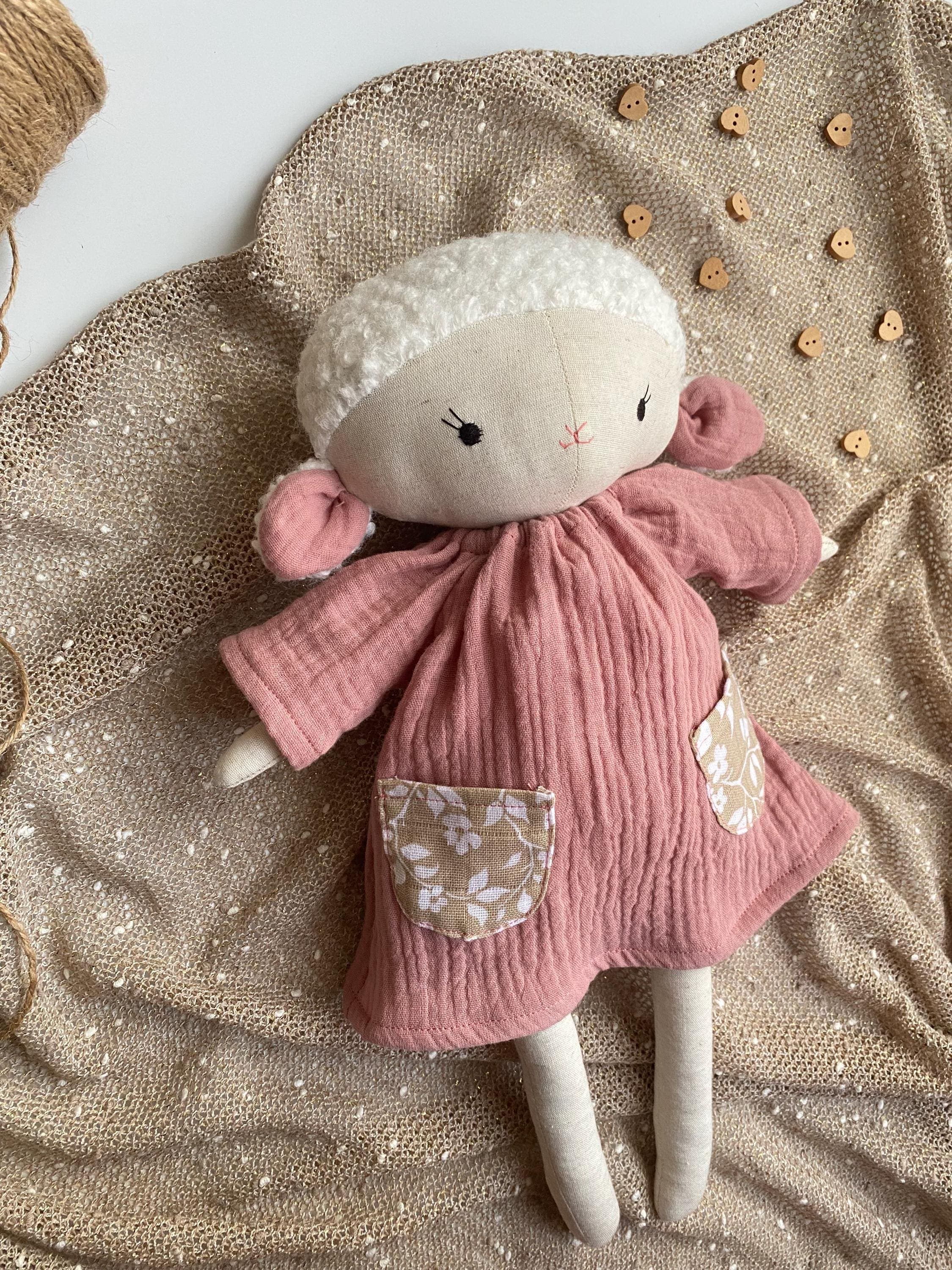 Linen Lamb Rag Doll in Pink Dress, Handmade Heirloom Toy - image 4