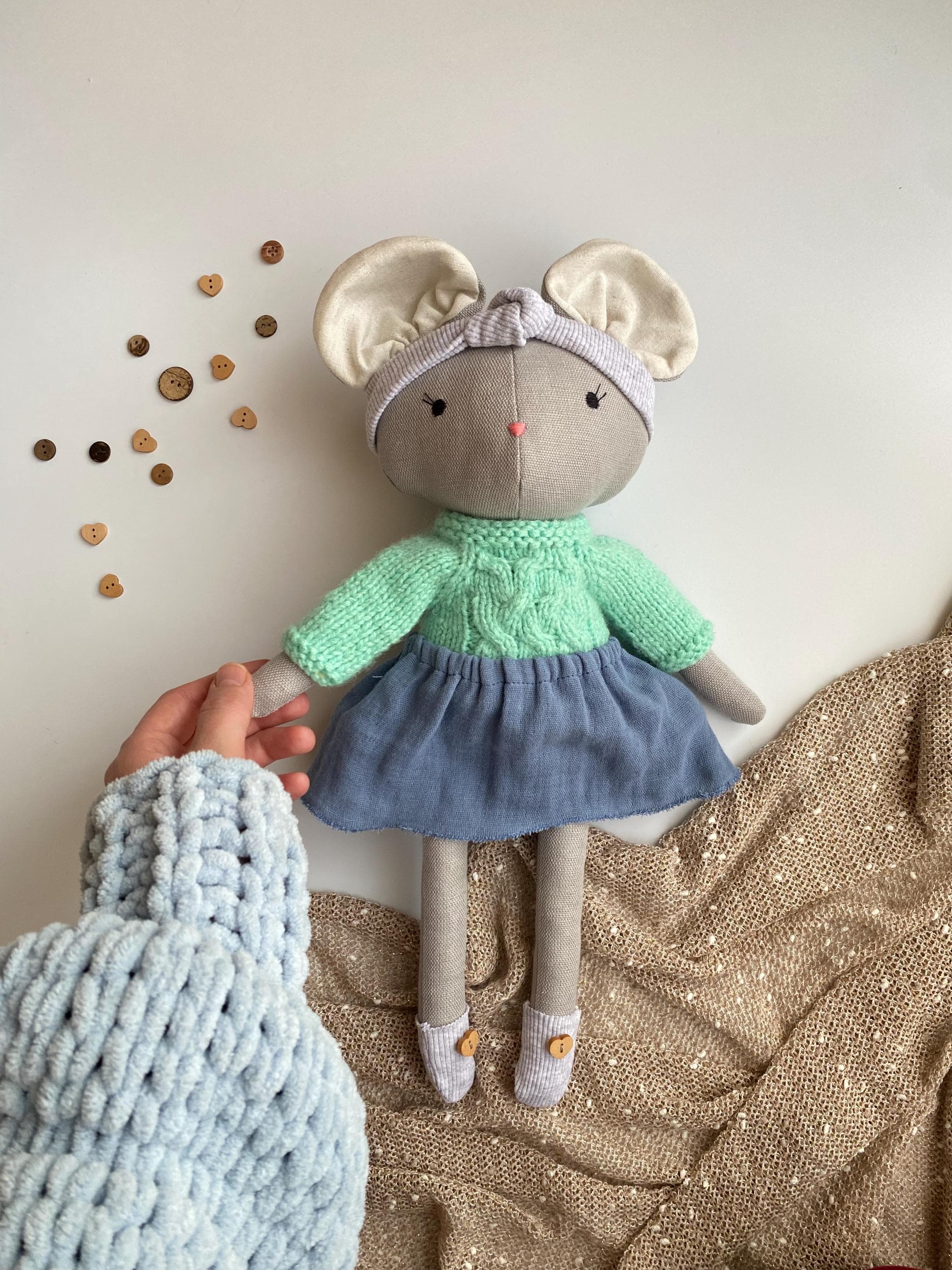 Linen Mouse Rag Doll with Knitted Sweater, Handmade Heirloom Toy