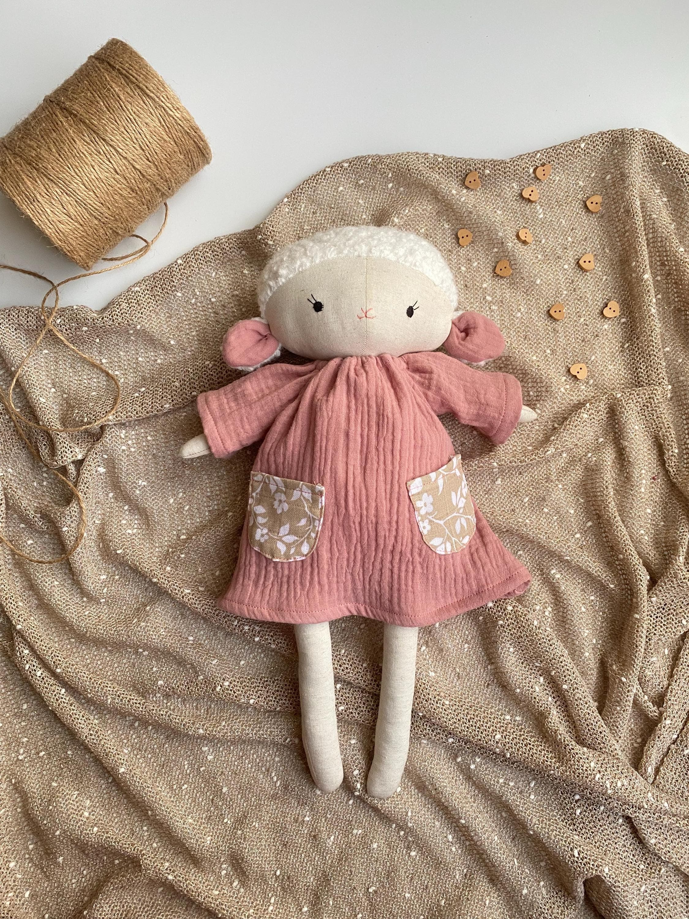 Linen Lamb Rag Doll in Pink Dress, Handmade Heirloom Toy - image 3