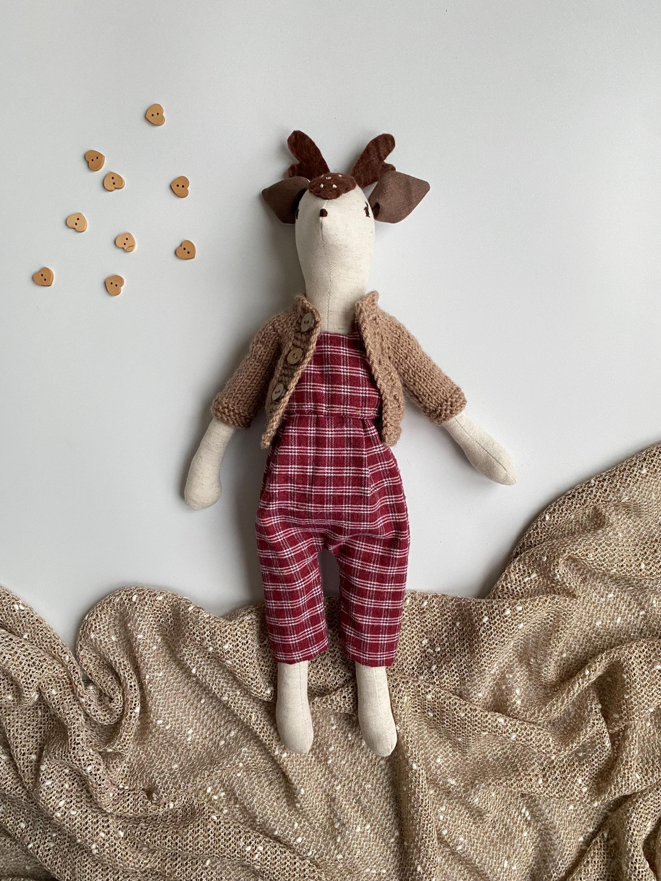 Linen Deer Doll with Knitted Sweater, Woodland Nursery Decor - image 5