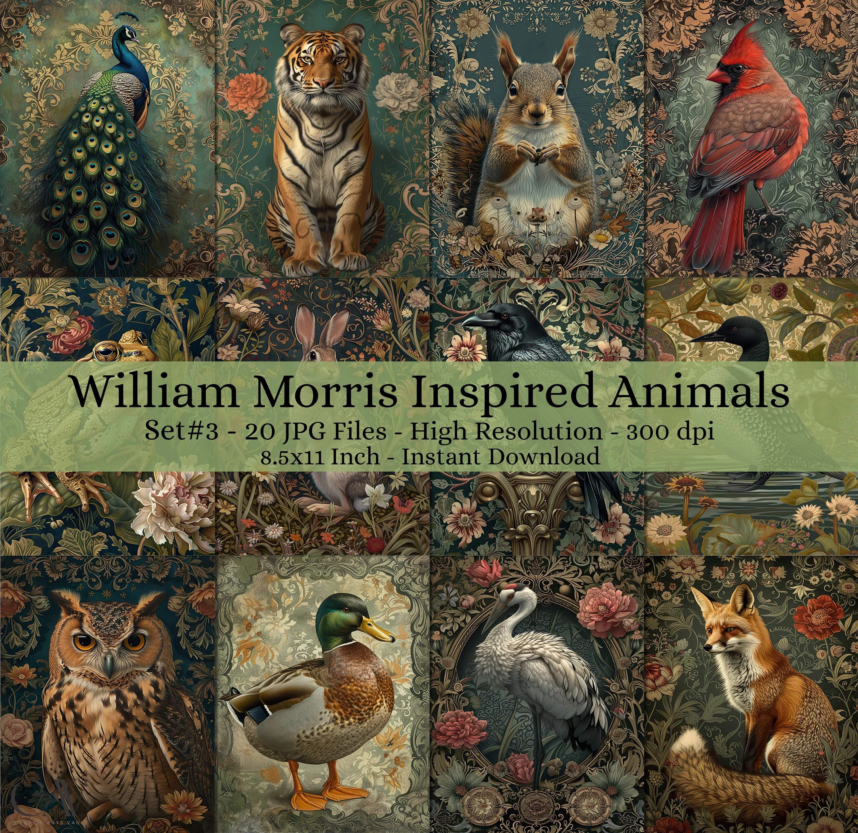 20 Art Nouveau Animals William Morris Digital Paper Decoupage, Decorative Collage Paper Art, Junk Journal Kit, Digital Download #1804