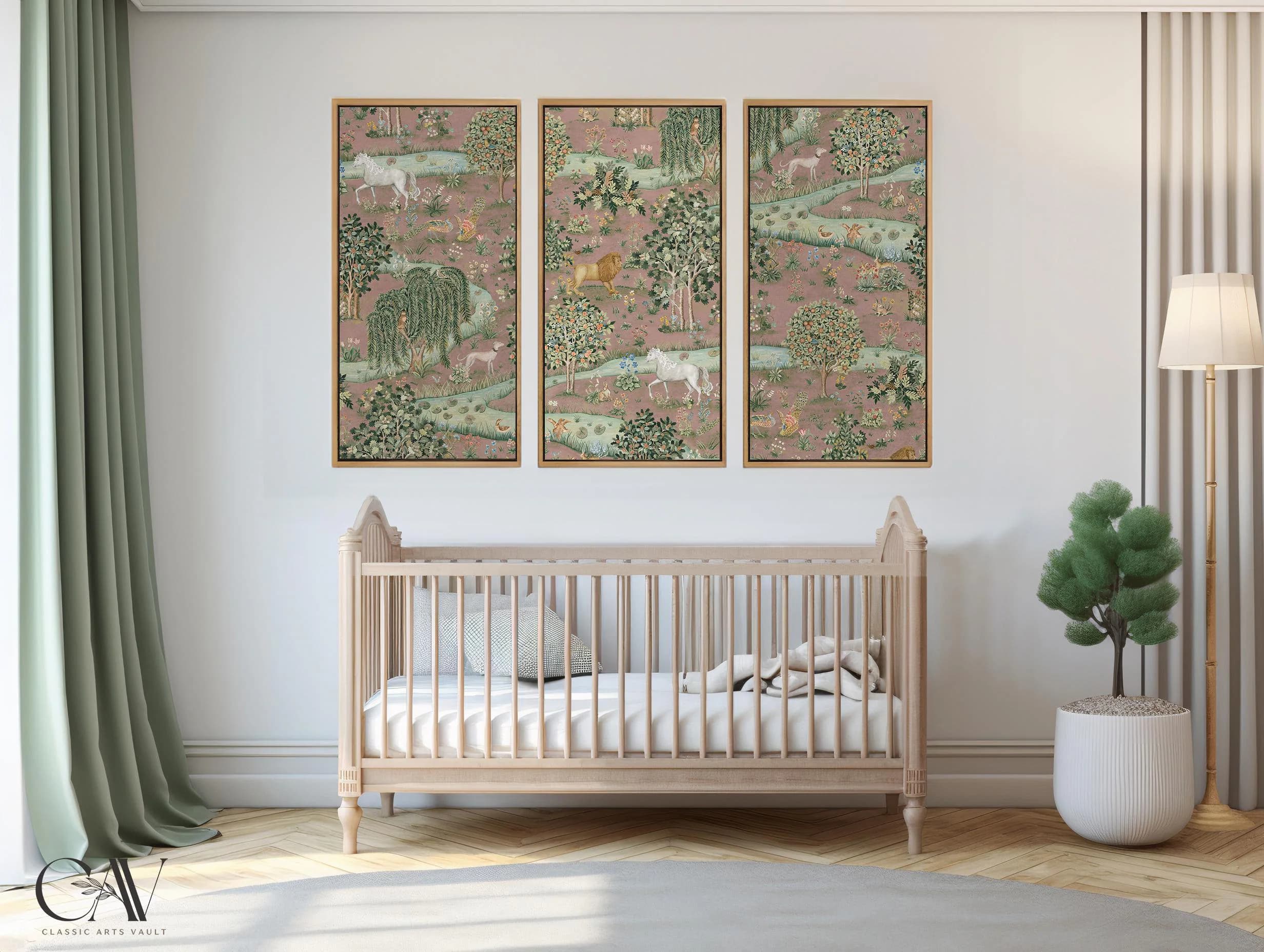 Owl & Willow Pink William Morris Framed Canvas Giclee Print Art Nouveau 3 Piece Large Wall Art Set of Three Gallery Triptych #2703.3