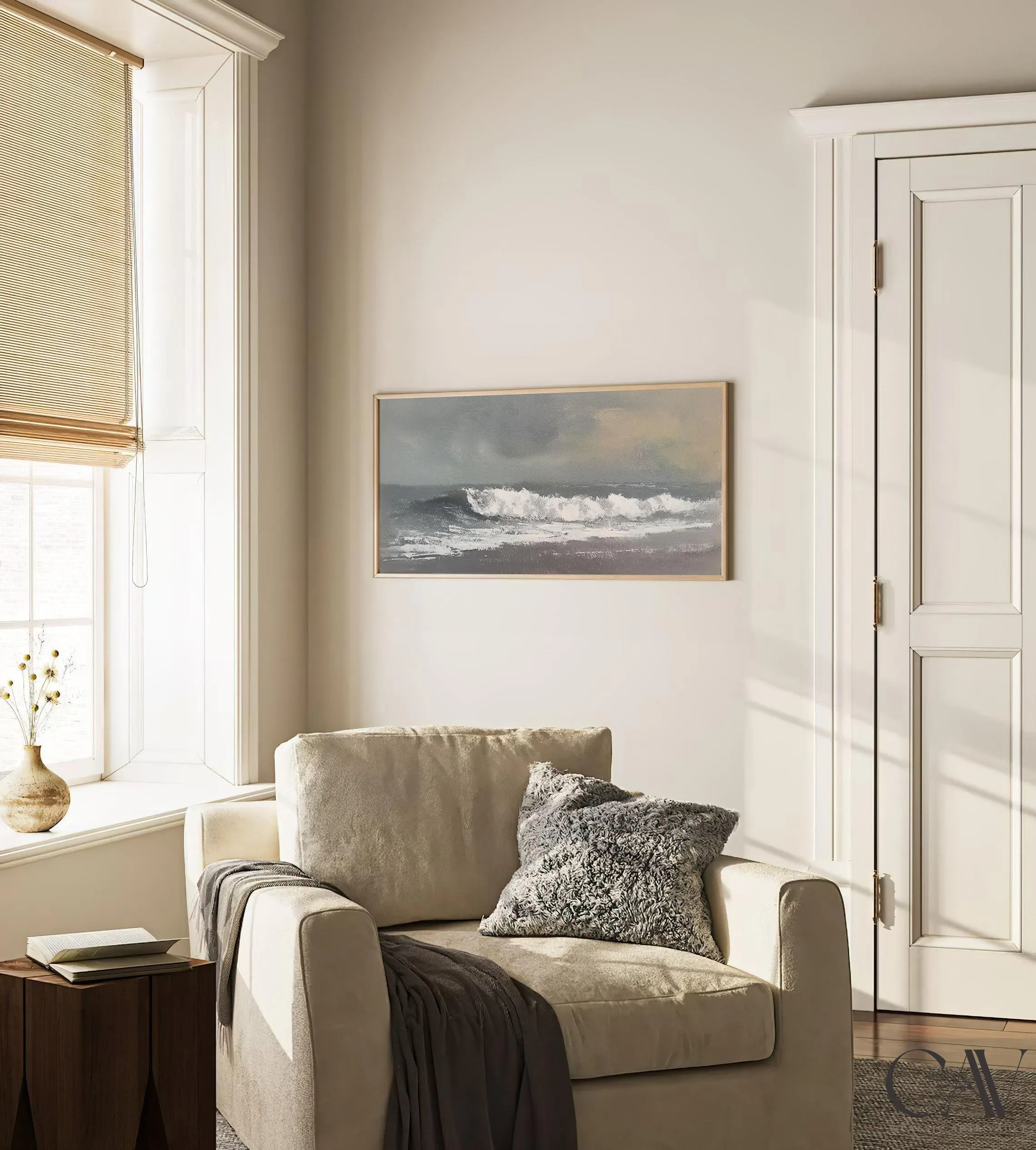 Coastal Horizon Art Print Seascape Minimalist Seafoam Painting Muted Beach Landscape Lake House Decor Large Wall Art Canvas Giclee #4776