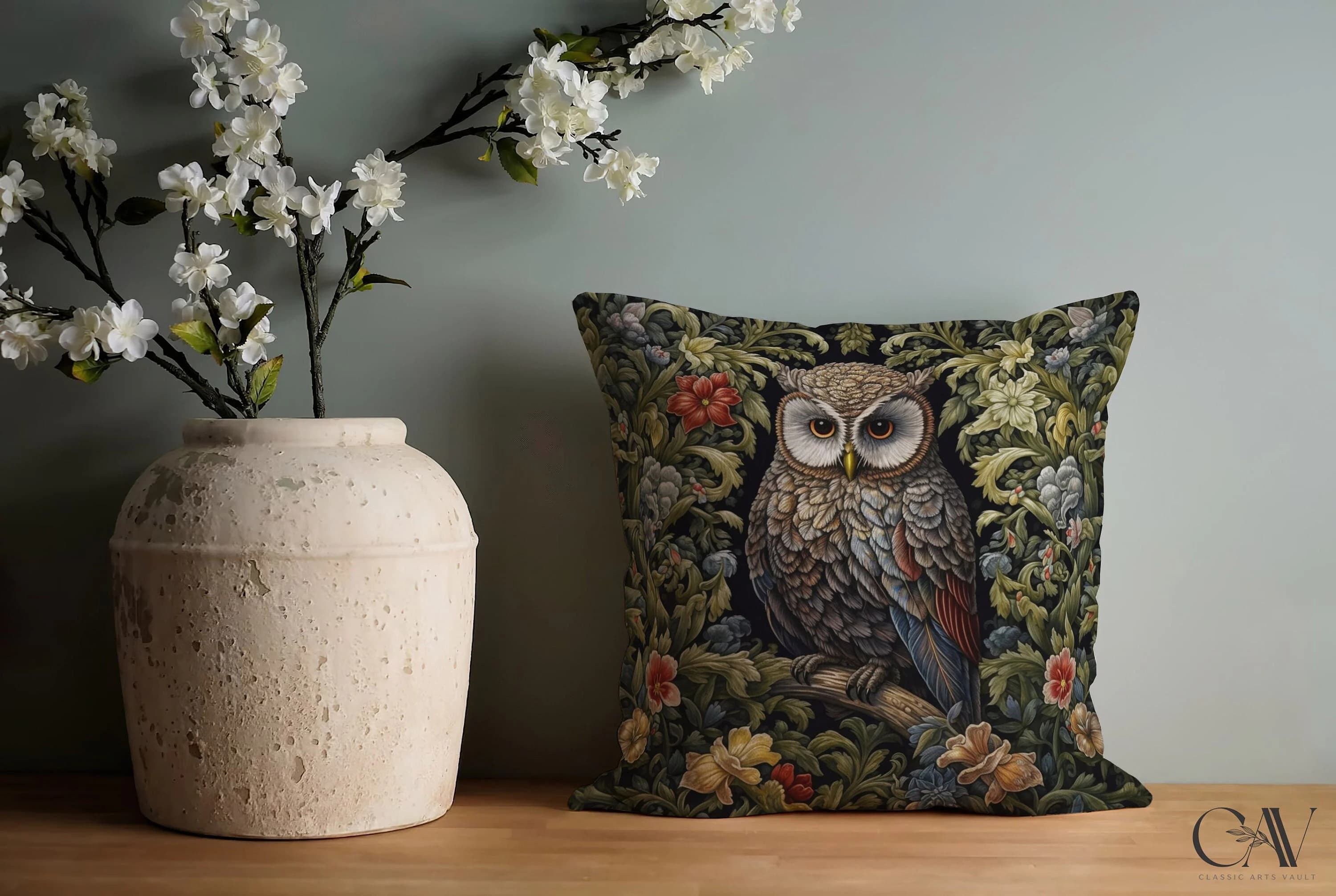 Owl Pillow William Morris Inspired, Accent Pillow Throw, Cottagecore Decor Academia, Whimsical Decor Victorian, Floral Botanical #425