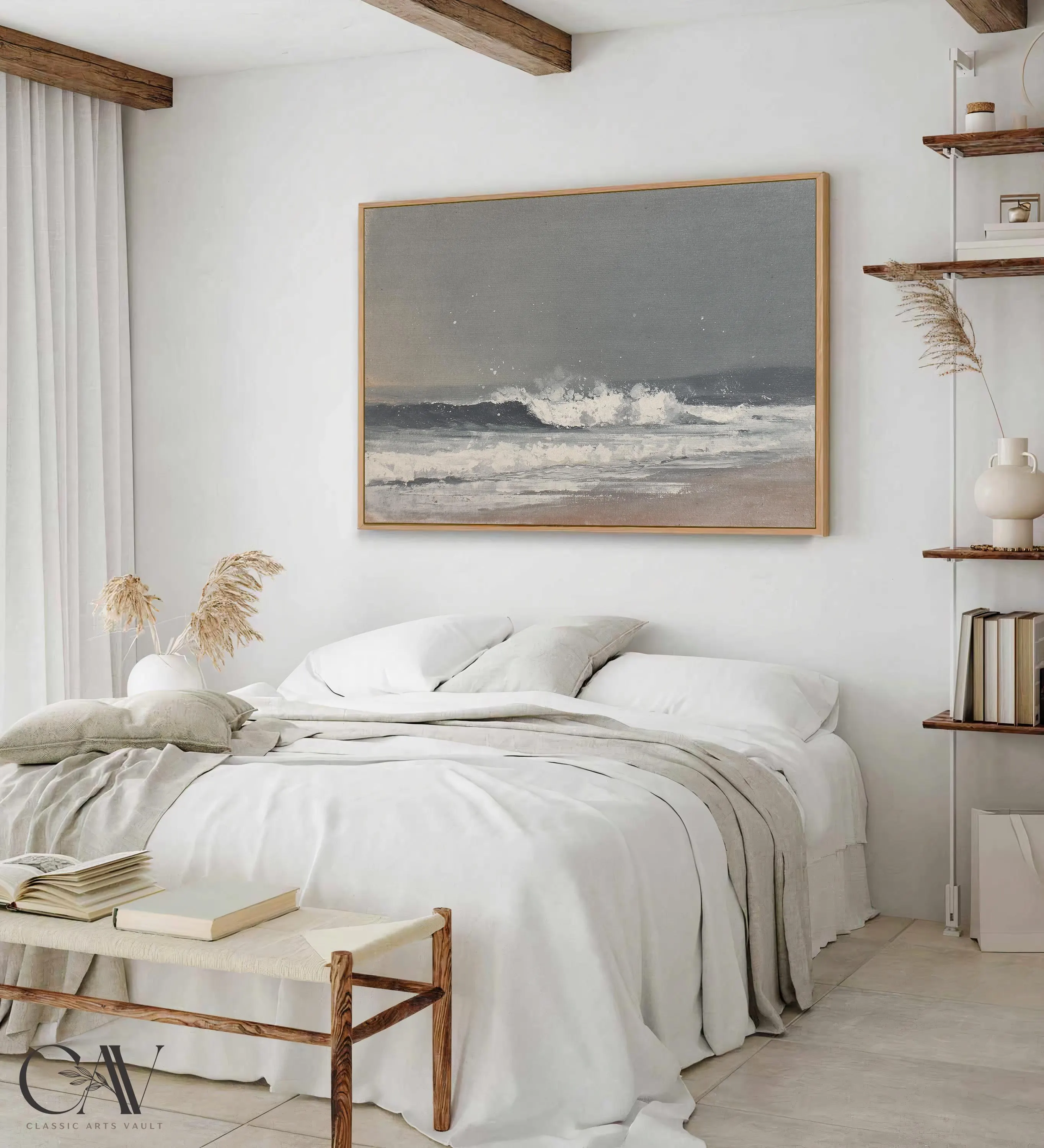 Coastal Horizon Art Print Seascape Minimalist Seafoam Painting Muted Beach Landscape Lake House Decor Large Wall Art Canvas Giclee #4784