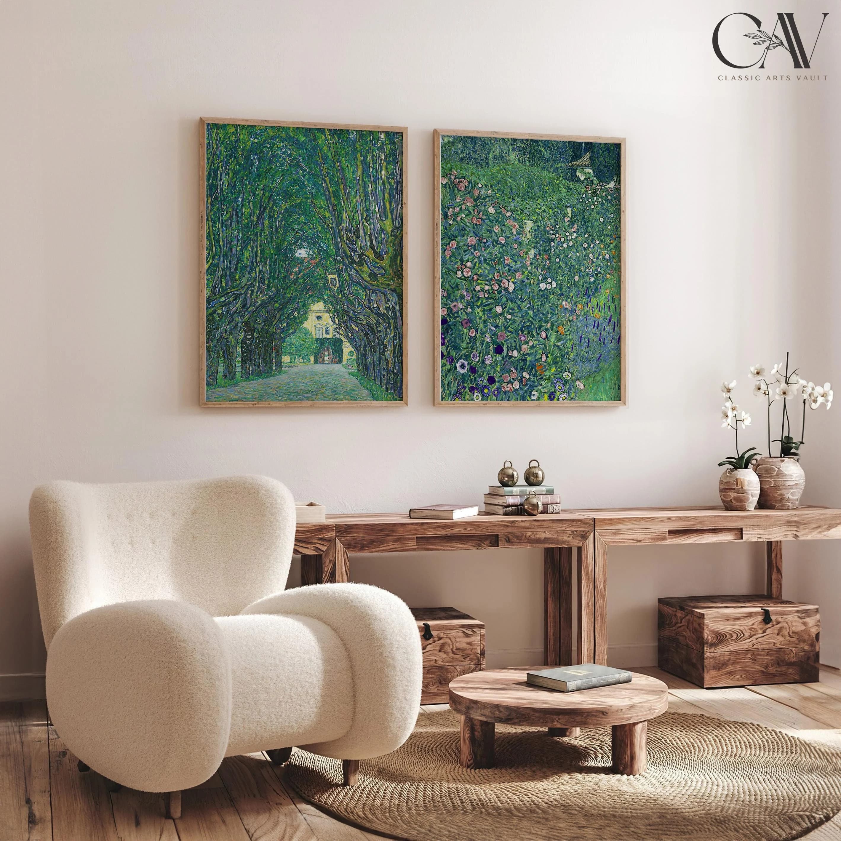 Gustav Klimt Summer Garden Vintage Spring Landscape Rustic Country Painting Antique Large Wall Art Set of 2 Gallery Canvas #2415