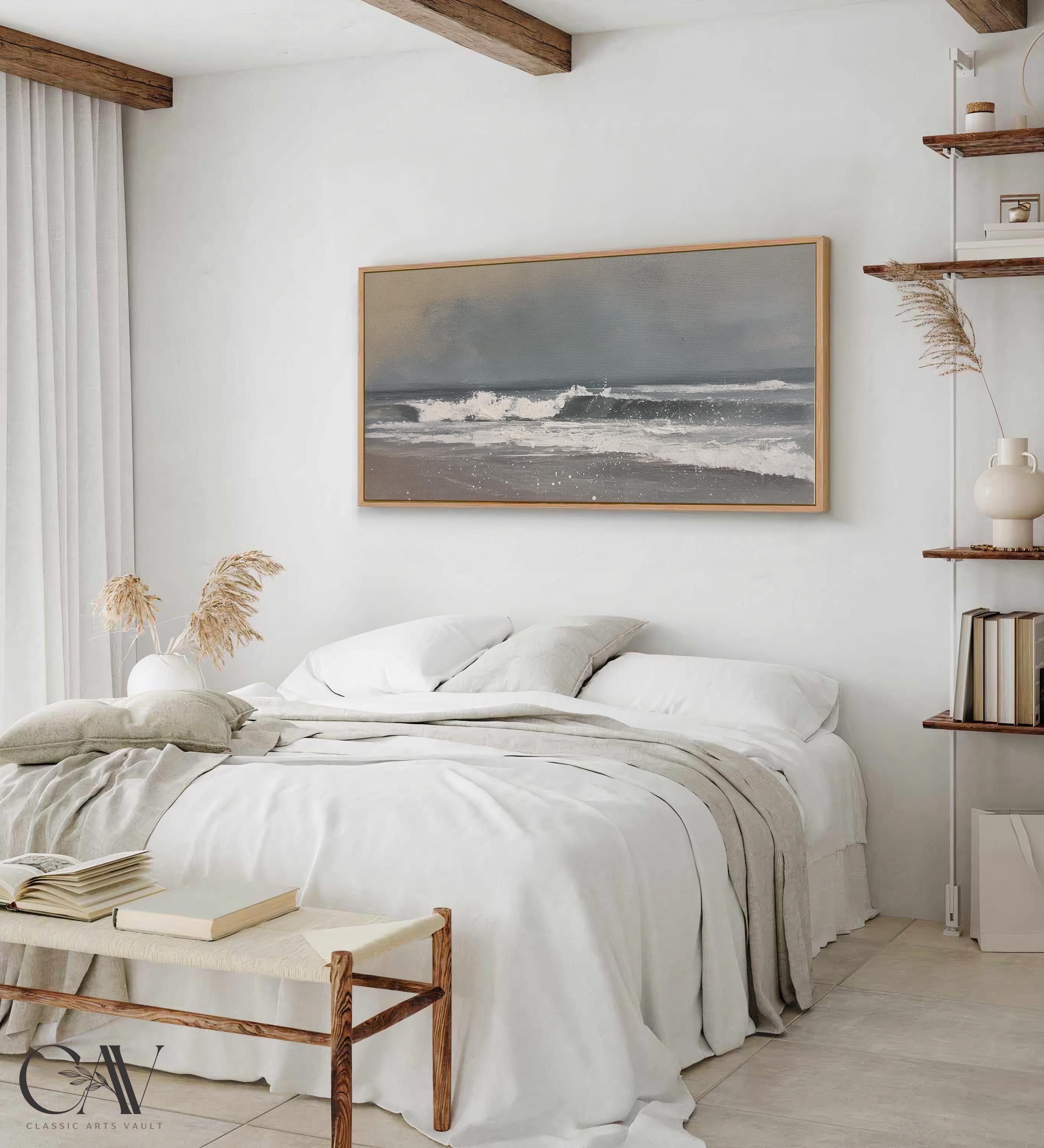 Coastal Horizon Art Print Seascape Minimalist Seafoam Painting Muted Beach Landscape Lake House Decor Large Wall Art Canvas Giclee #4779 - image 5