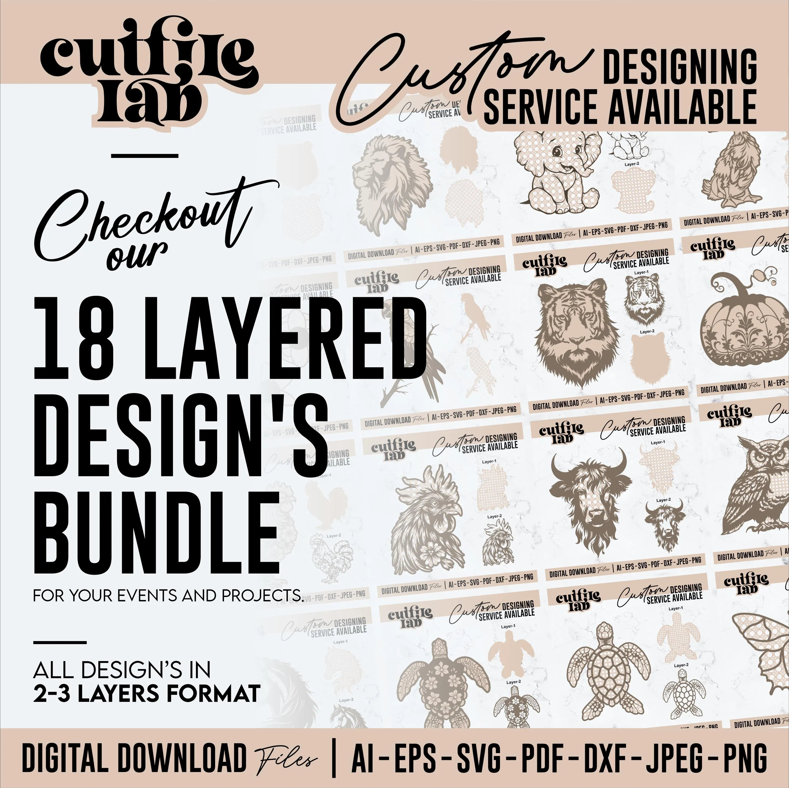 Layered Template Designs Bundle, Animals Pattern Theme Designs, Decor, Layers Designs in  SVG, Laser Cut File, Digital Design Source Files
