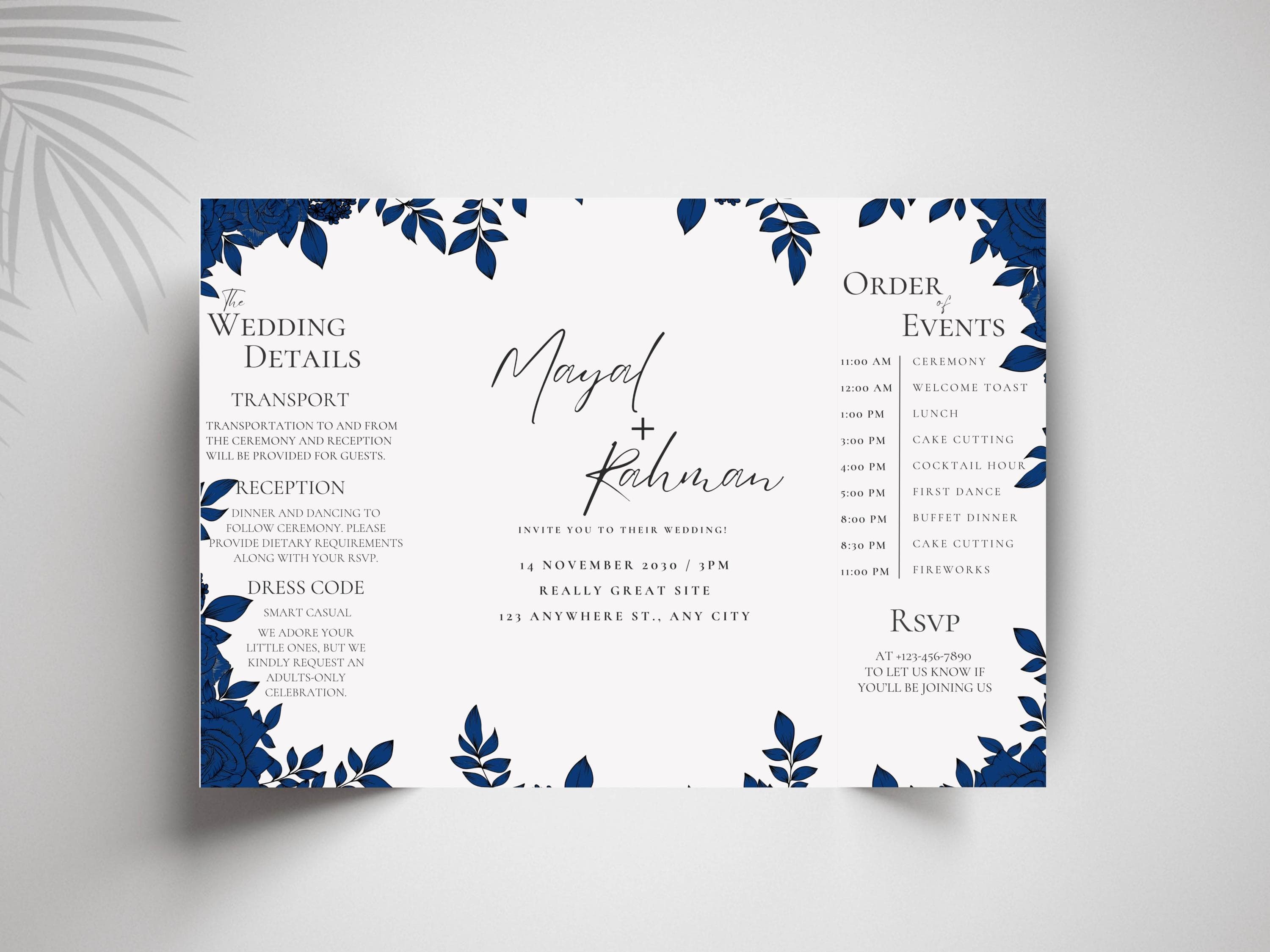 Blue Floral Gatefold Wedding Invitation Template: Modern Printable (10x7", 5x7" Folded)