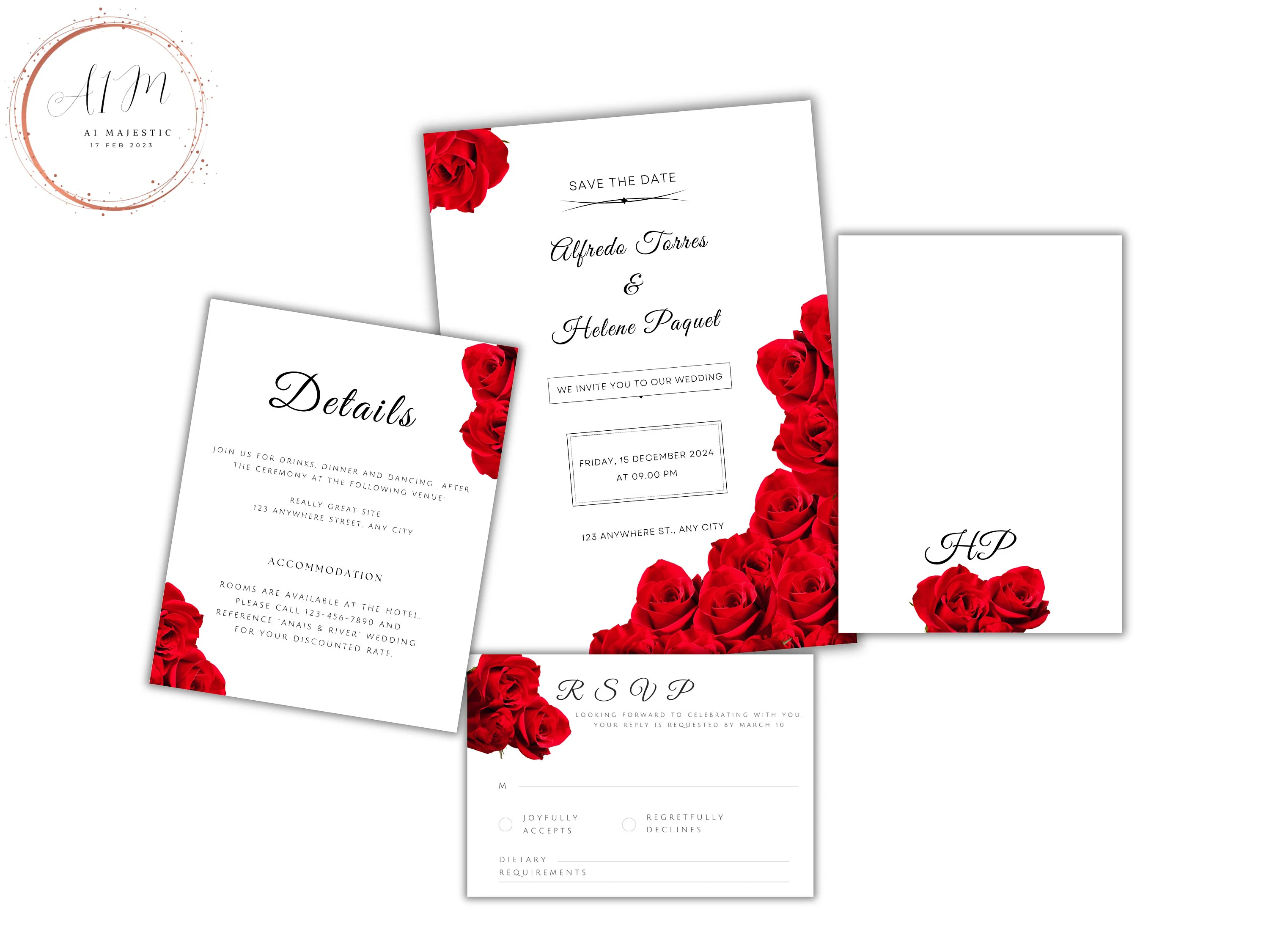 Red Rose Wedding Invitation Set, Elegant Floral Template (Editable)