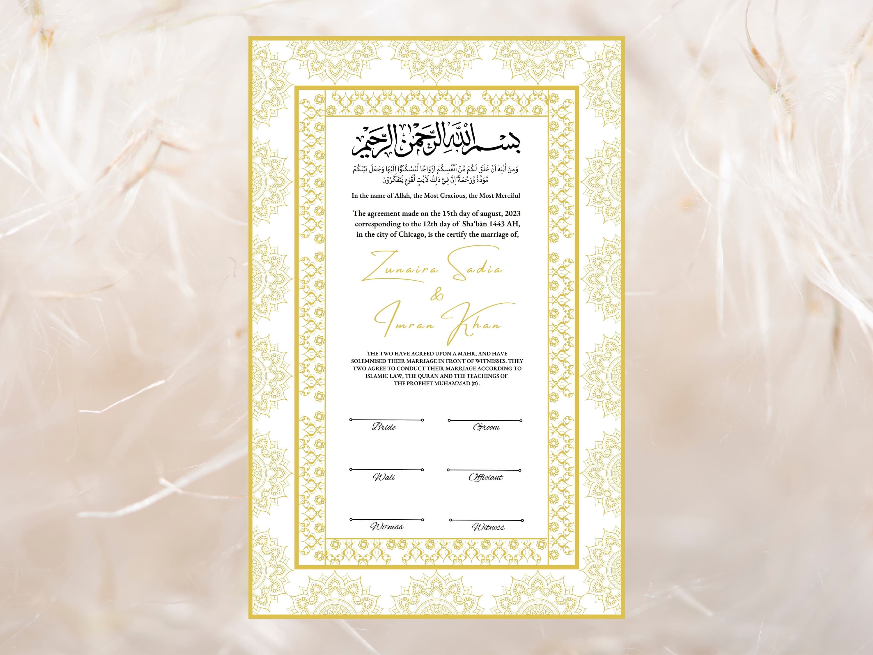 Nikkah Certificate Gold, Luxury Nikkah Contract, Editable Nikah Nama, Islamic Wedding Contract, Digital Download. NN21