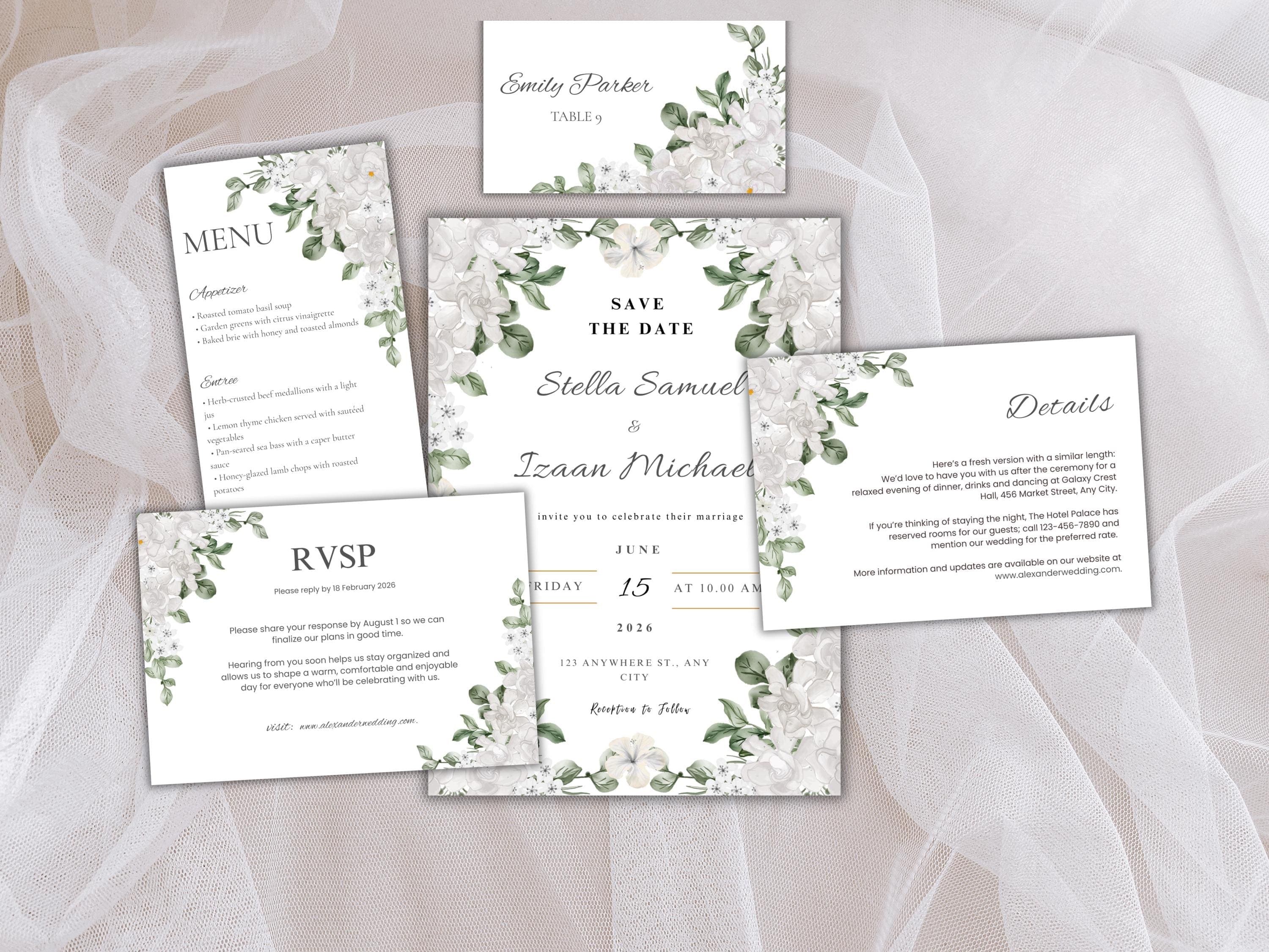 Wedding Invitation Bundle, RSVP, Thank You Card, Table Card, Menu Card, Reception Card, Details Card. WI244