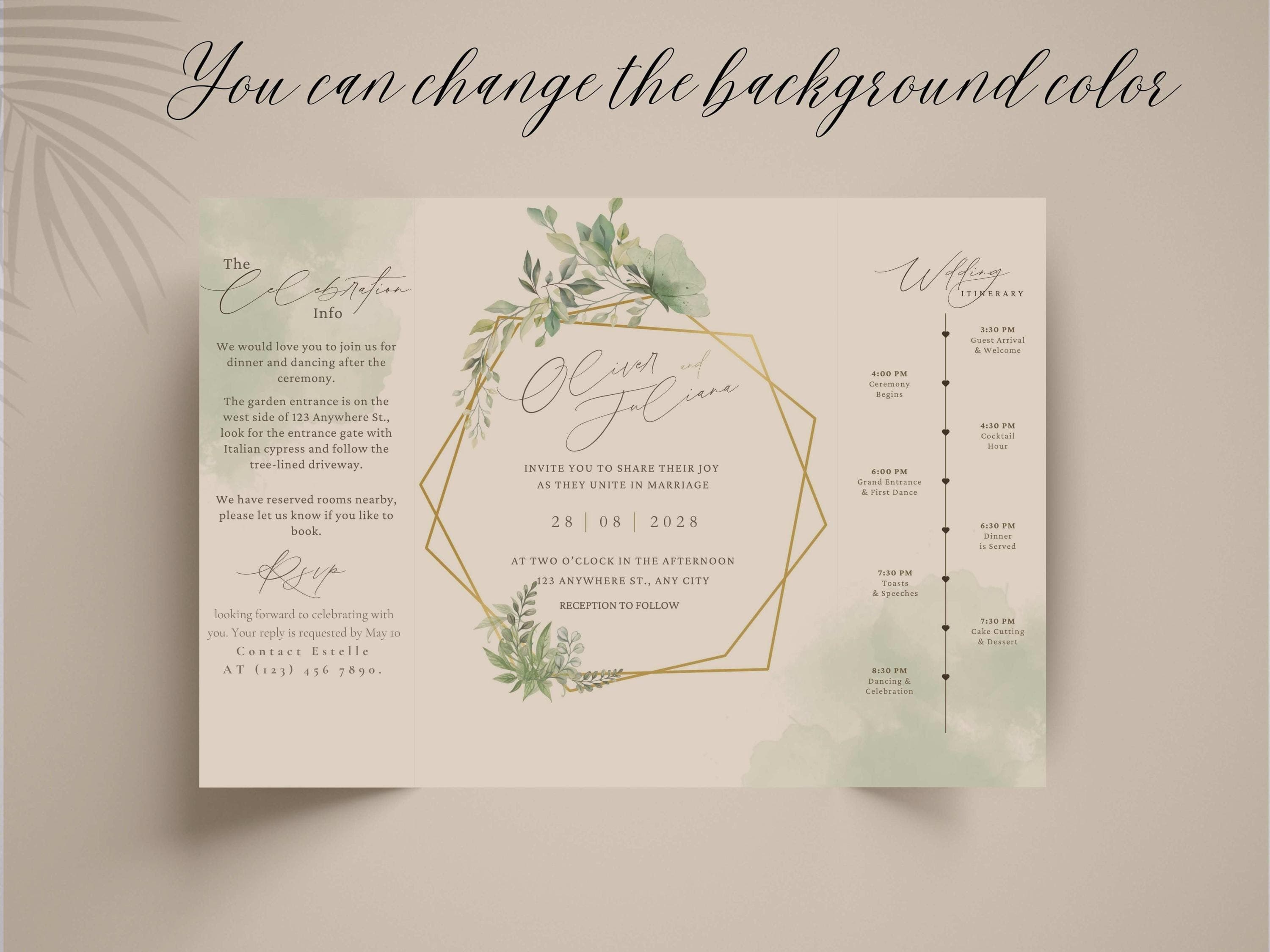 Greenery Trifold Wedding Invitation: Botanical Gold, Modern Minimalist (Digital Download) - image 4