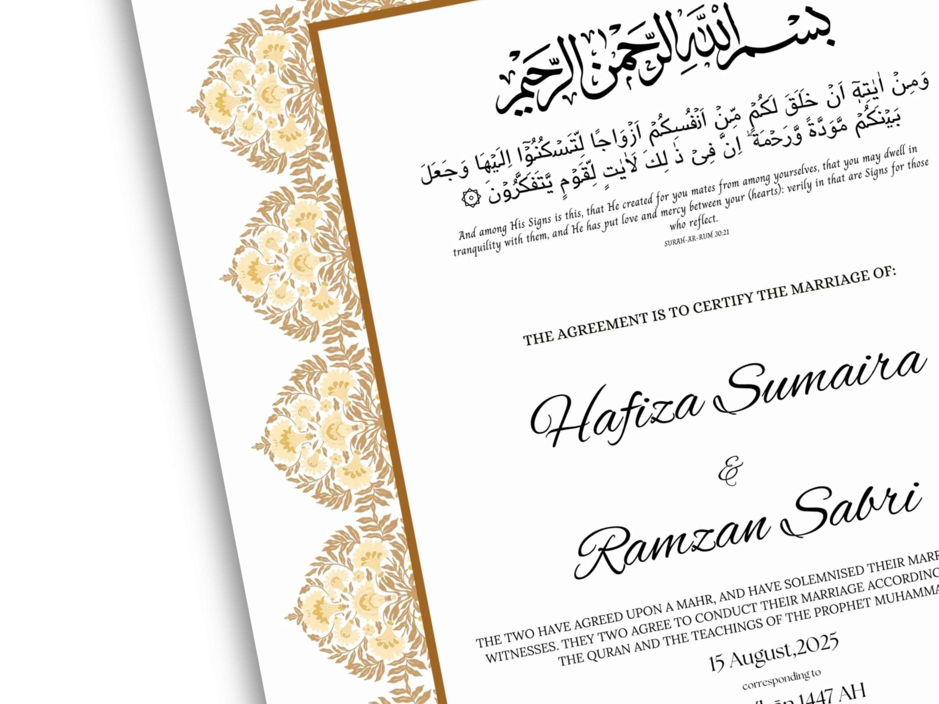 Luxury Nikkah Certificate, Premium A4 Islamic Wedding Contract, Nikkah Nama, Muslim Marriage Certificate, Personalised Names, A4, A3. NN295 - image 5