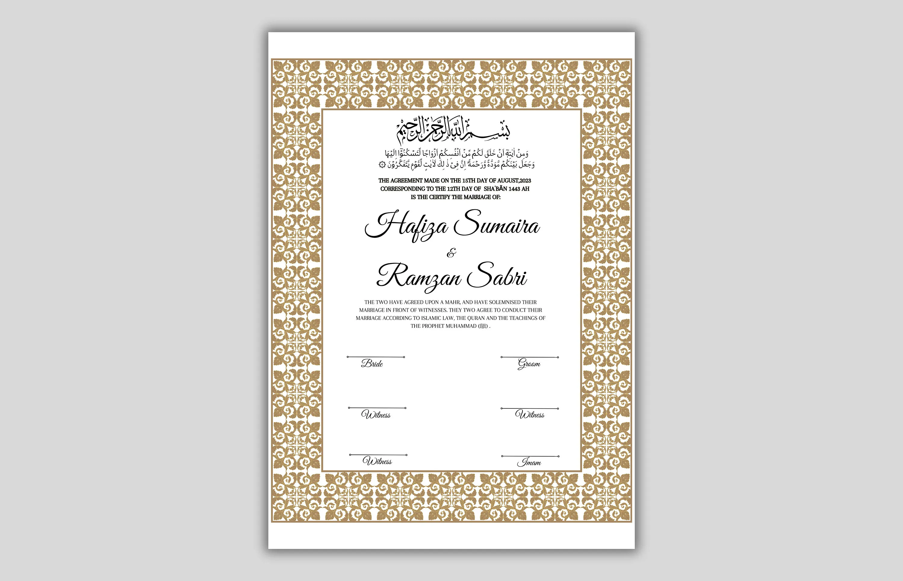 Printable Islamic Nikkah Contract Template | Muslim Marriage Agreement (A3, A4)