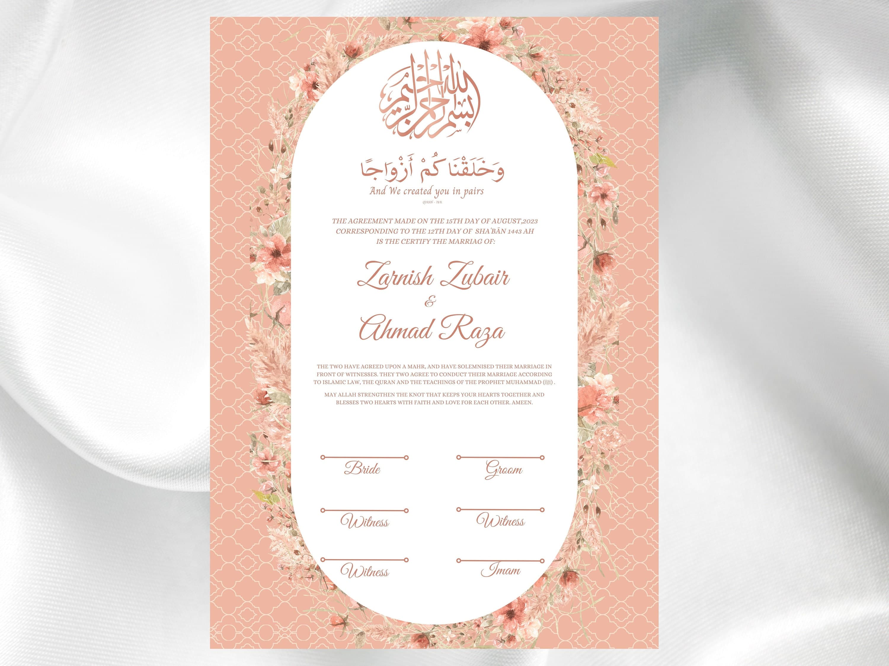 Nikkah Contract Template, Printable Nikkah Contract, Editable Nikkah nama, Muslim Wedding Certificate,Digital Download. NN35 - image 5
