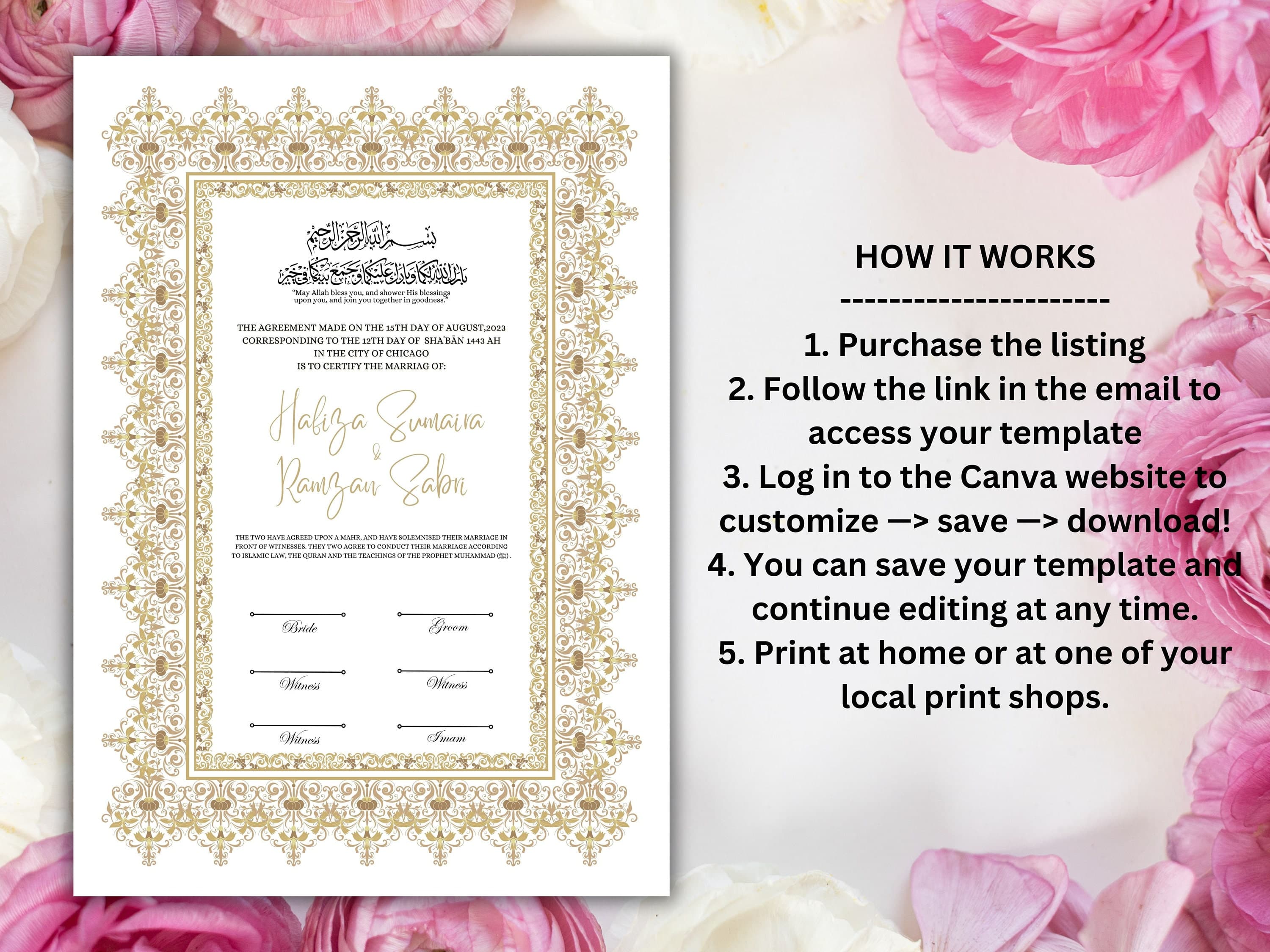 Nikkah Certificate Digital Download Personalised, A4, A3, Template, Editable, Brown Nikkah Nama, Nikkah Contract, Muslim Contract. NN212 - image 3