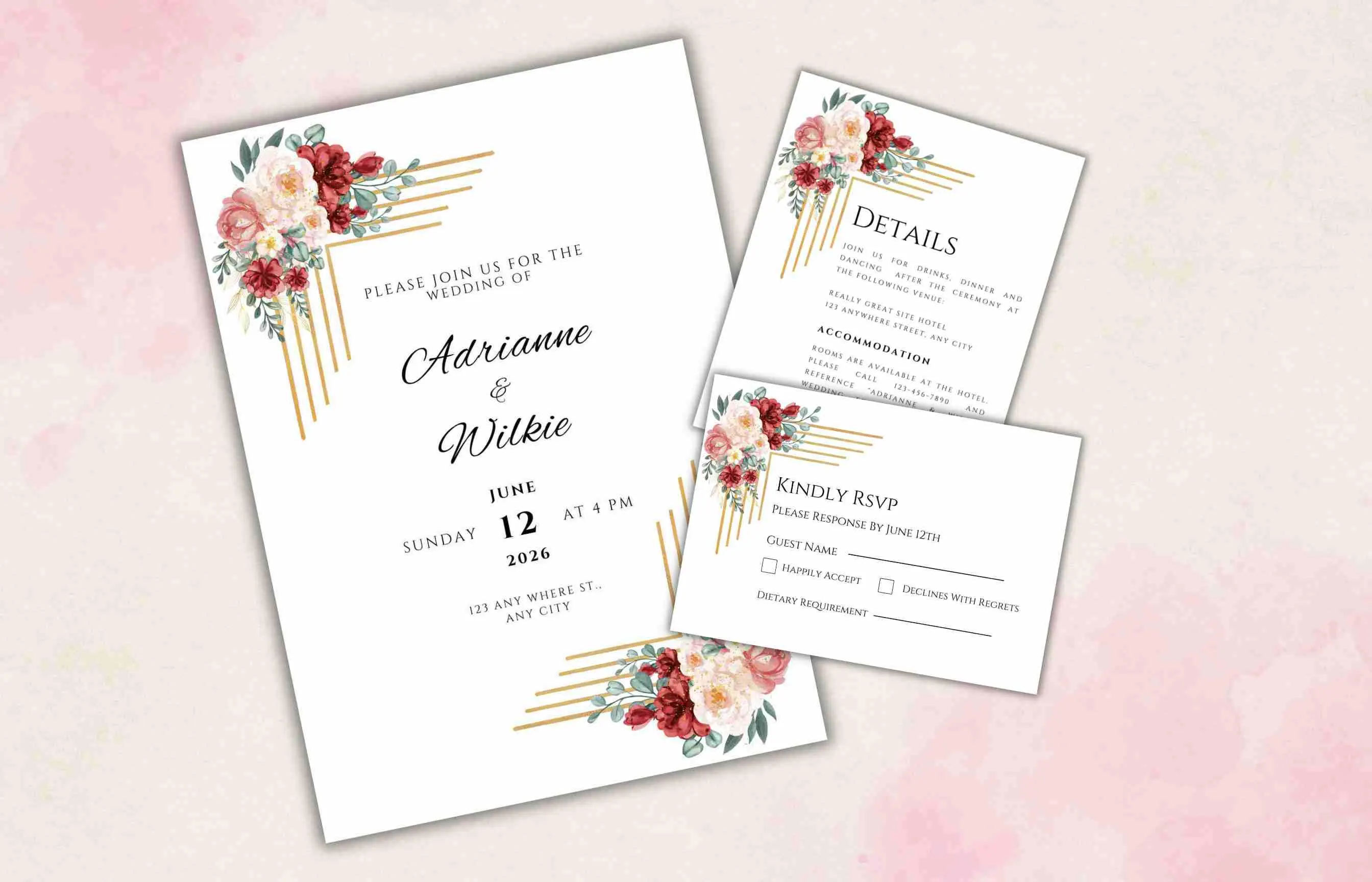 Burgundy Floral Wedding Invitation Template, Editable Invite Suite (Digital Download)