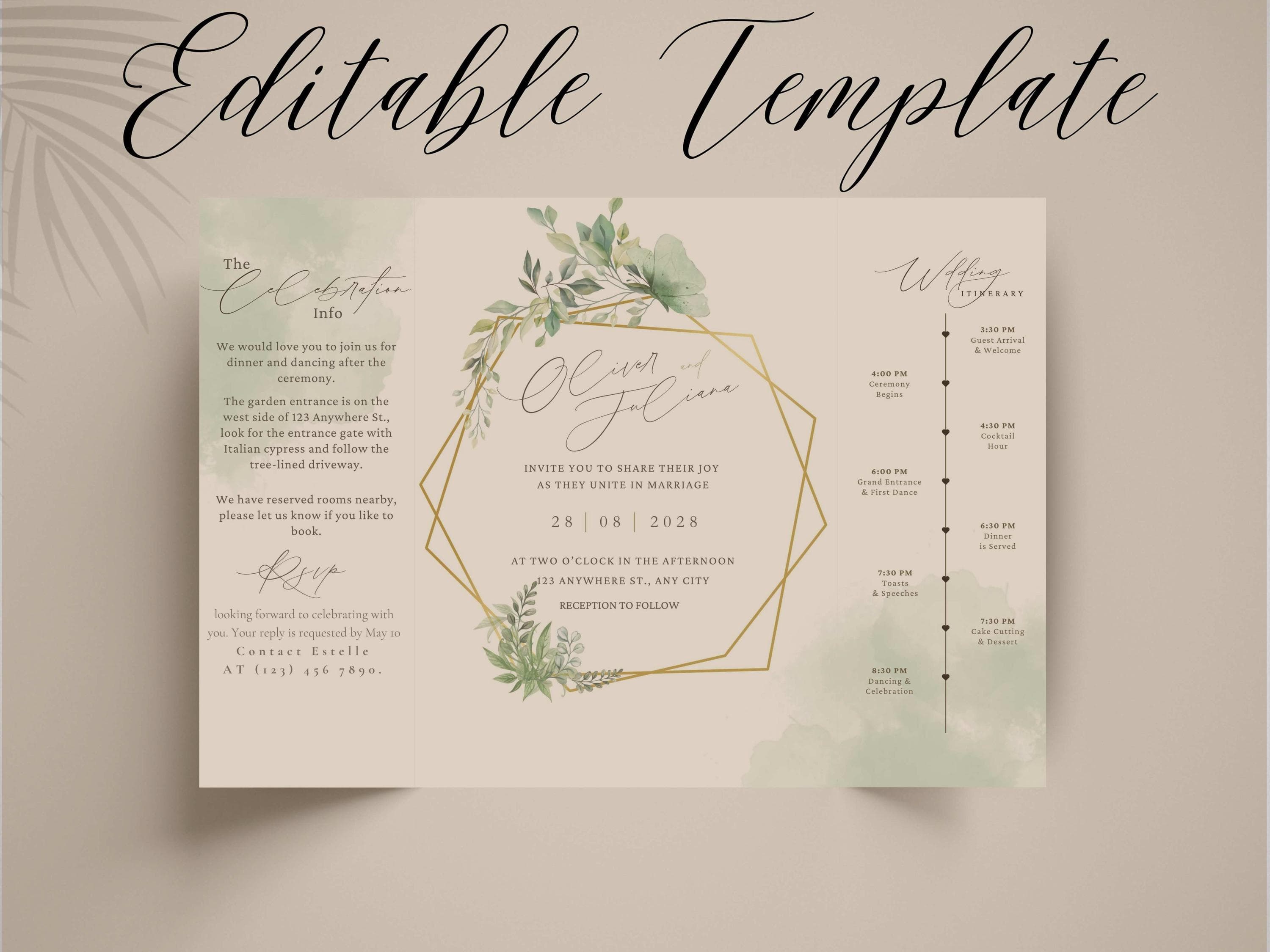 Greenery Trifold Wedding Invitation: Botanical Gold, Modern Minimalist (Digital Download) - image 5